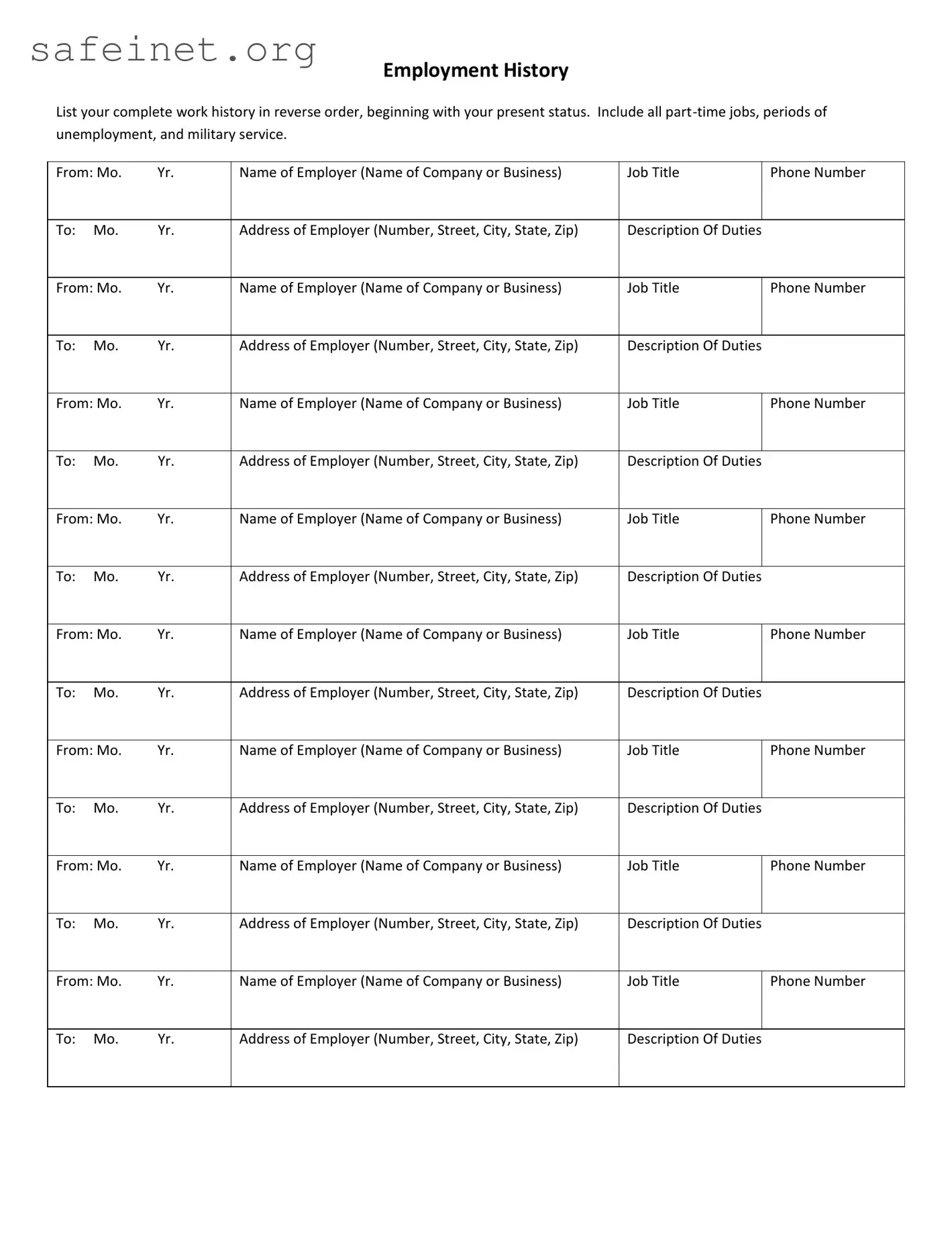 Blank Employment History Template