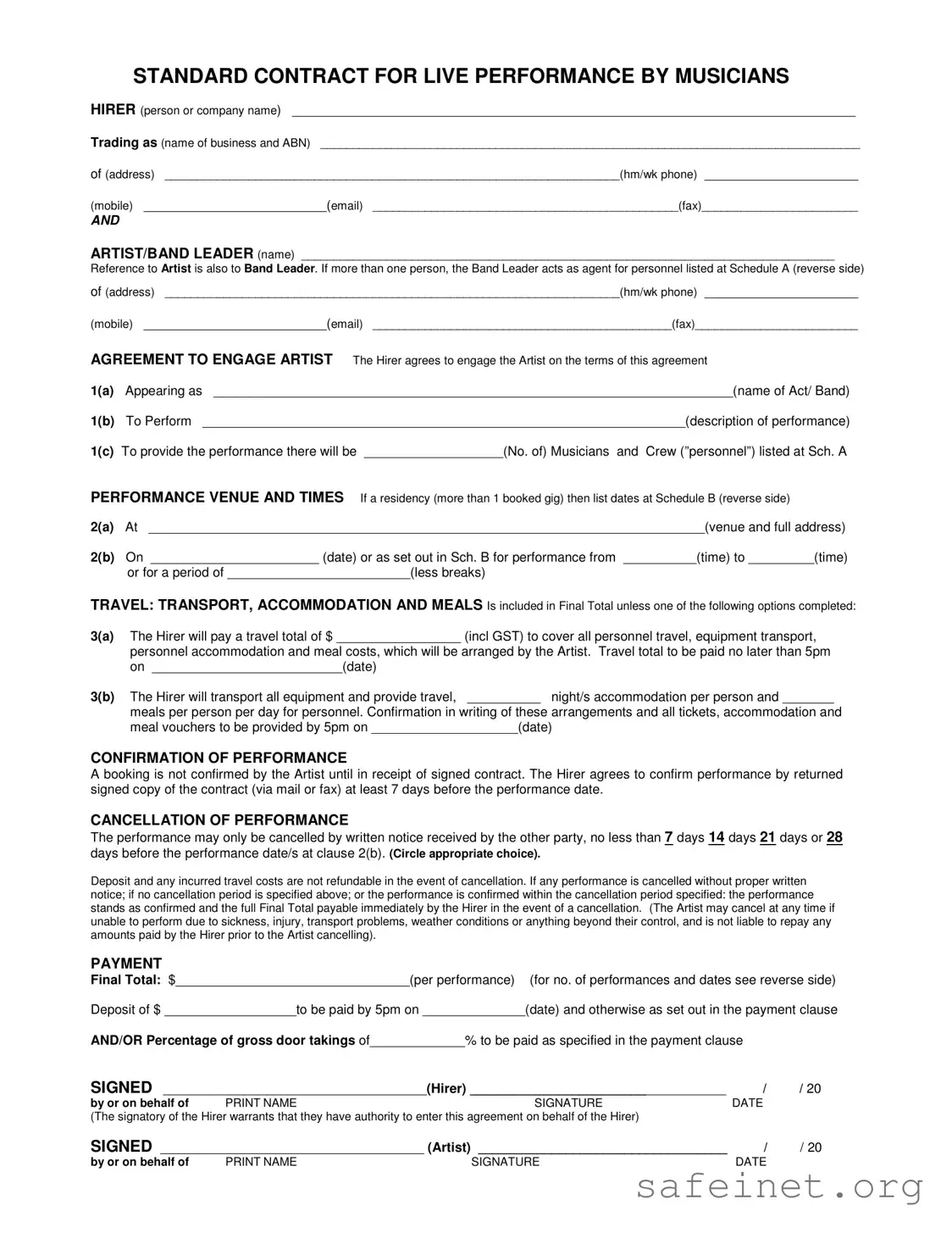 Blank Live Performance Contract Template
