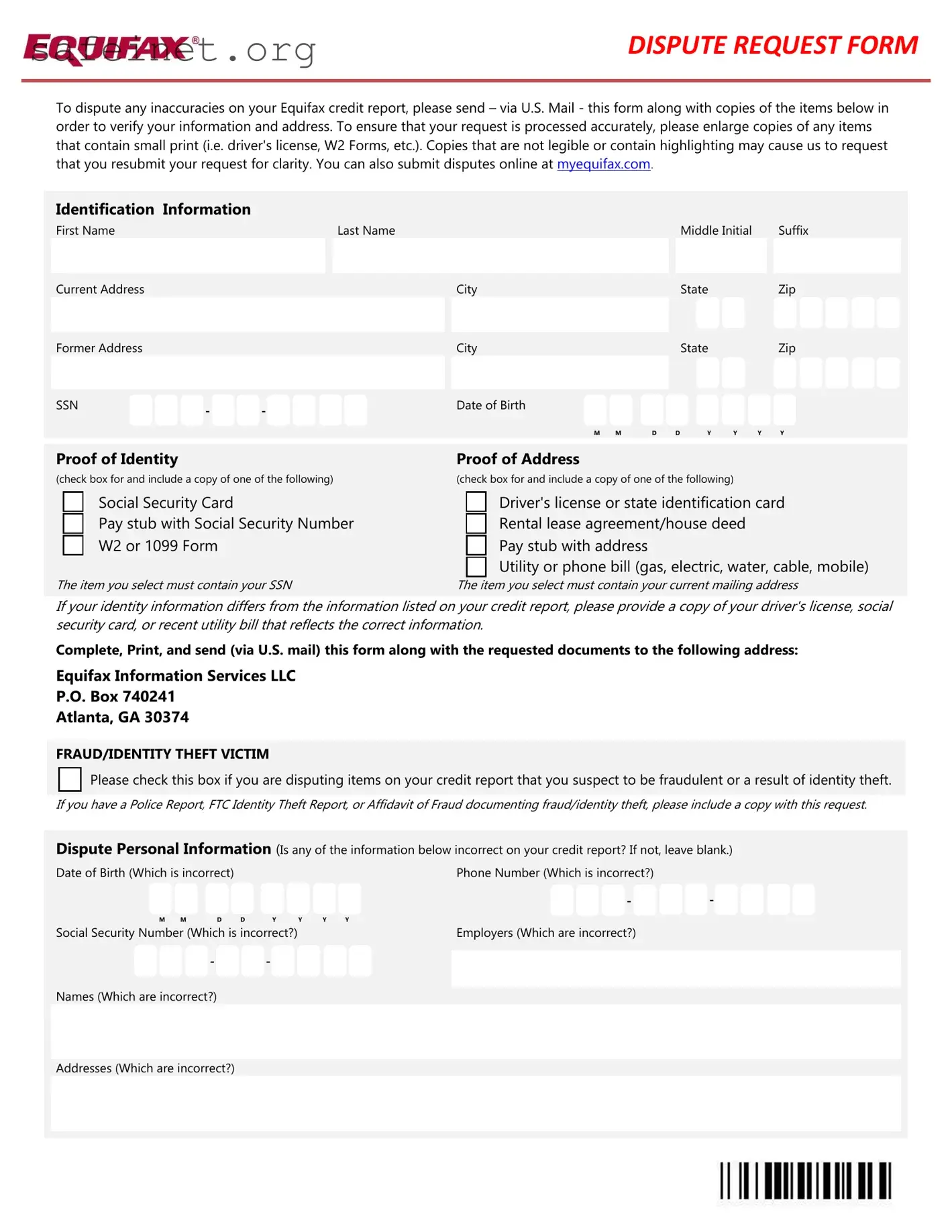 Blank Equifax Dispute Request Template