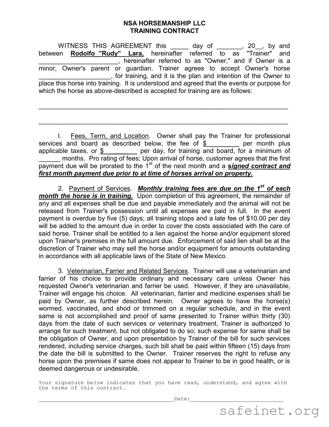 Blank Horse Training Contract Template