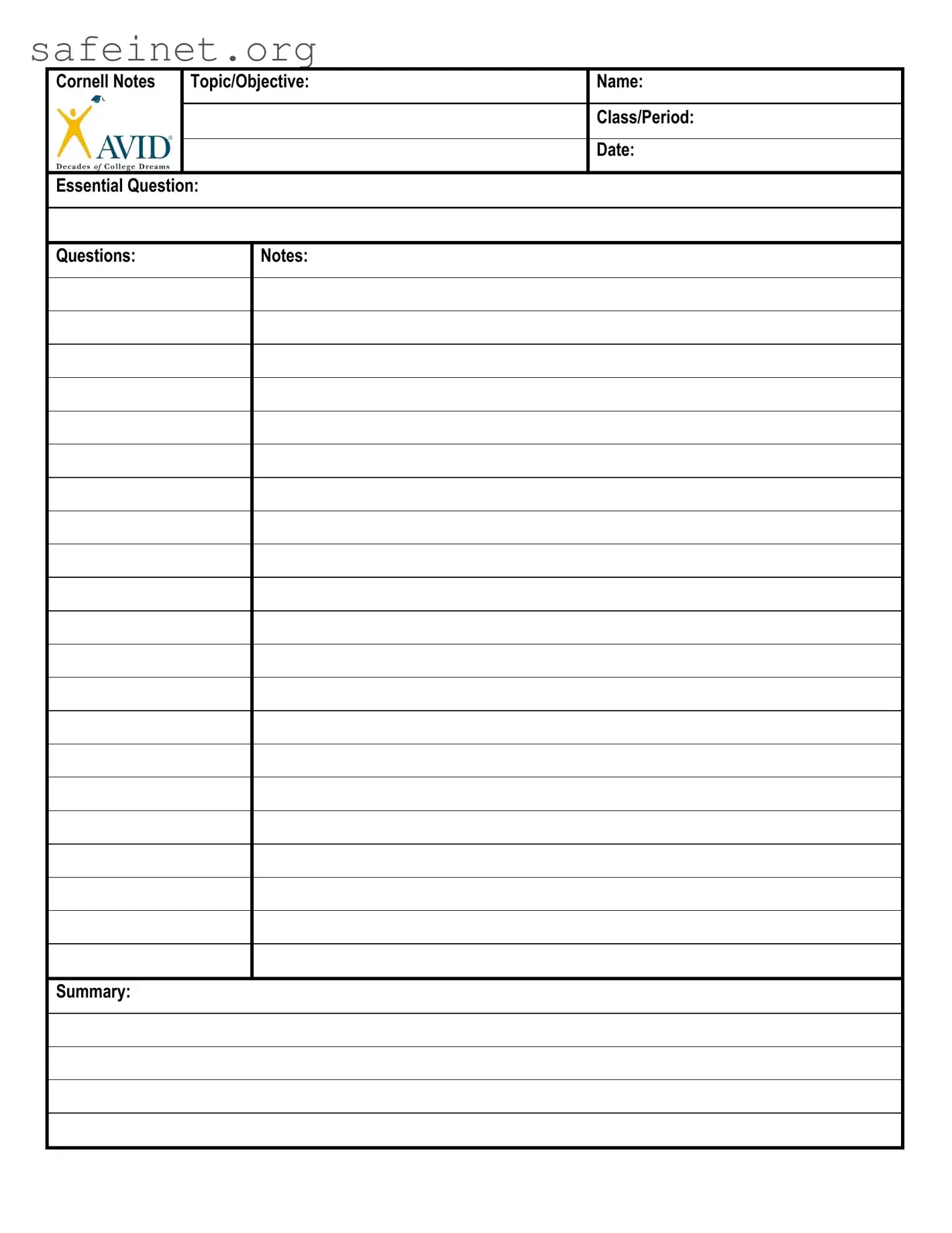 Blank Essential Question Cornell Template