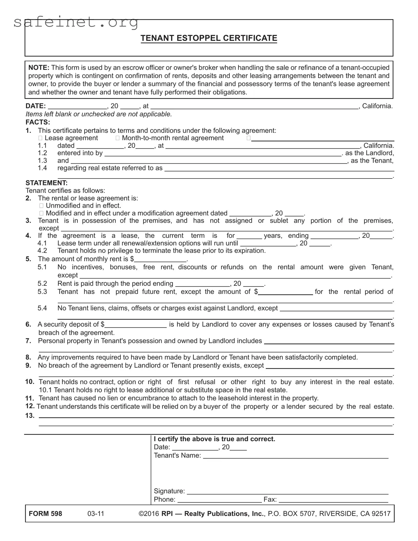 Blank Estoppel Certificate Template