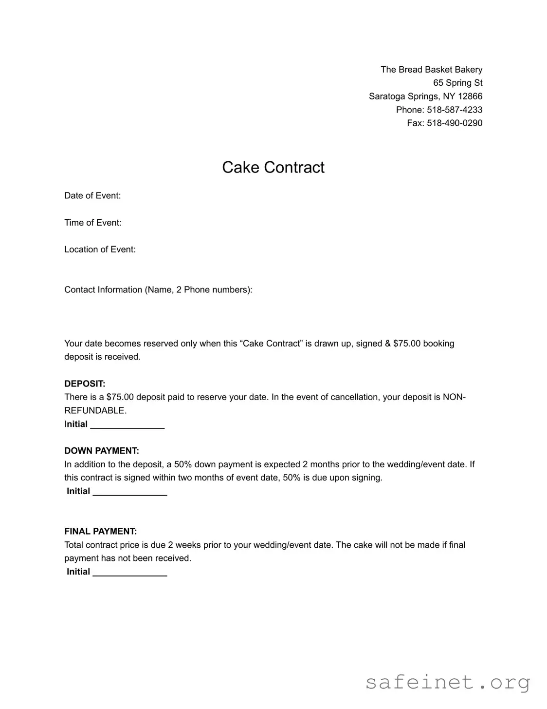 Blank Cake Contract Template
