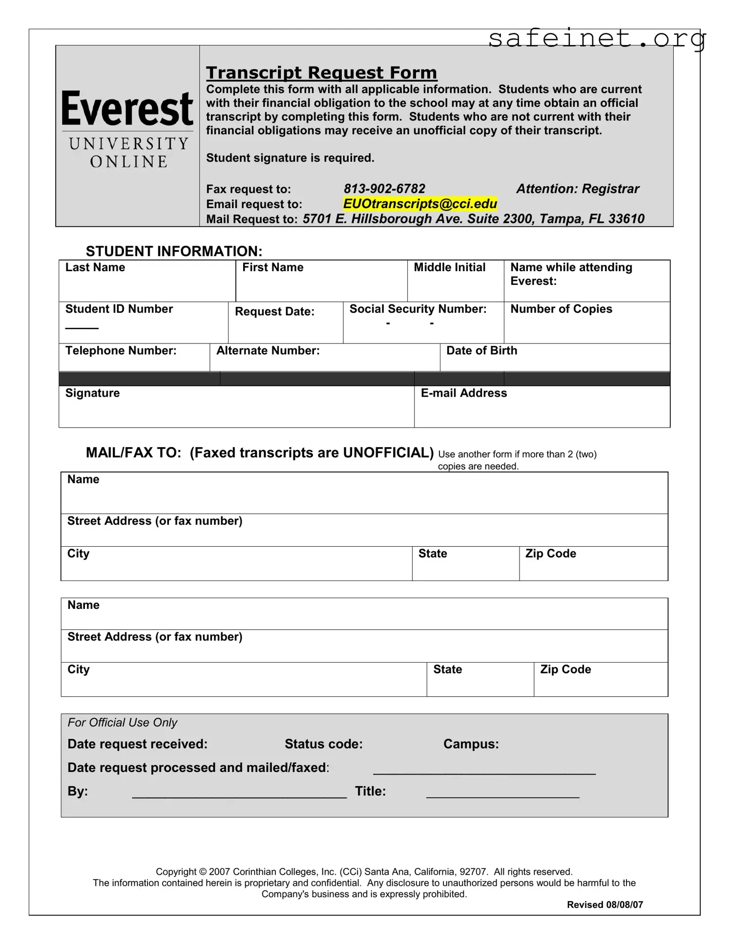 Blank Everest University Transcript Template