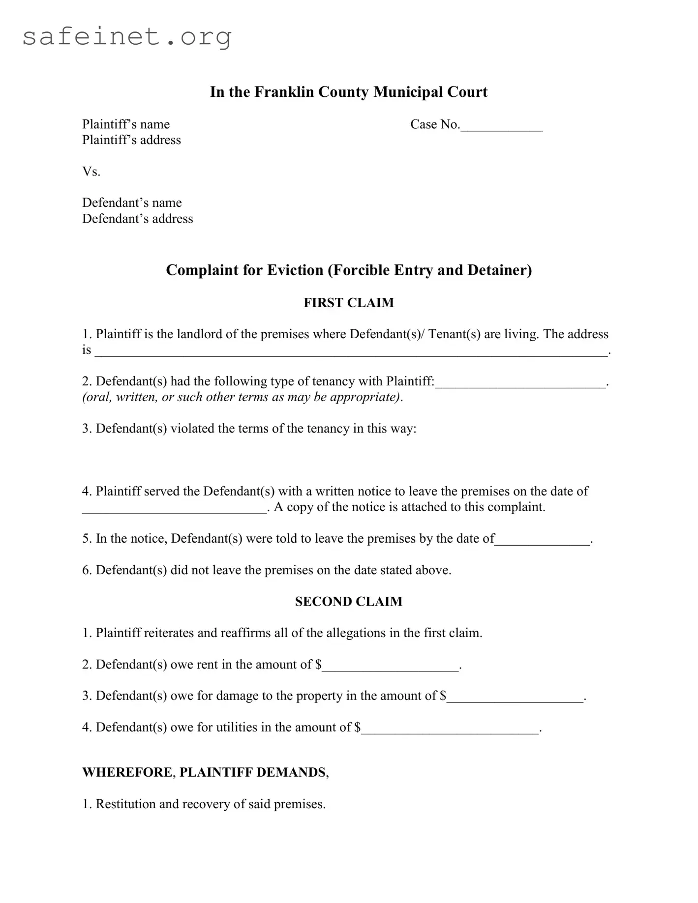Blank Eviction Complaint Franklin County Template