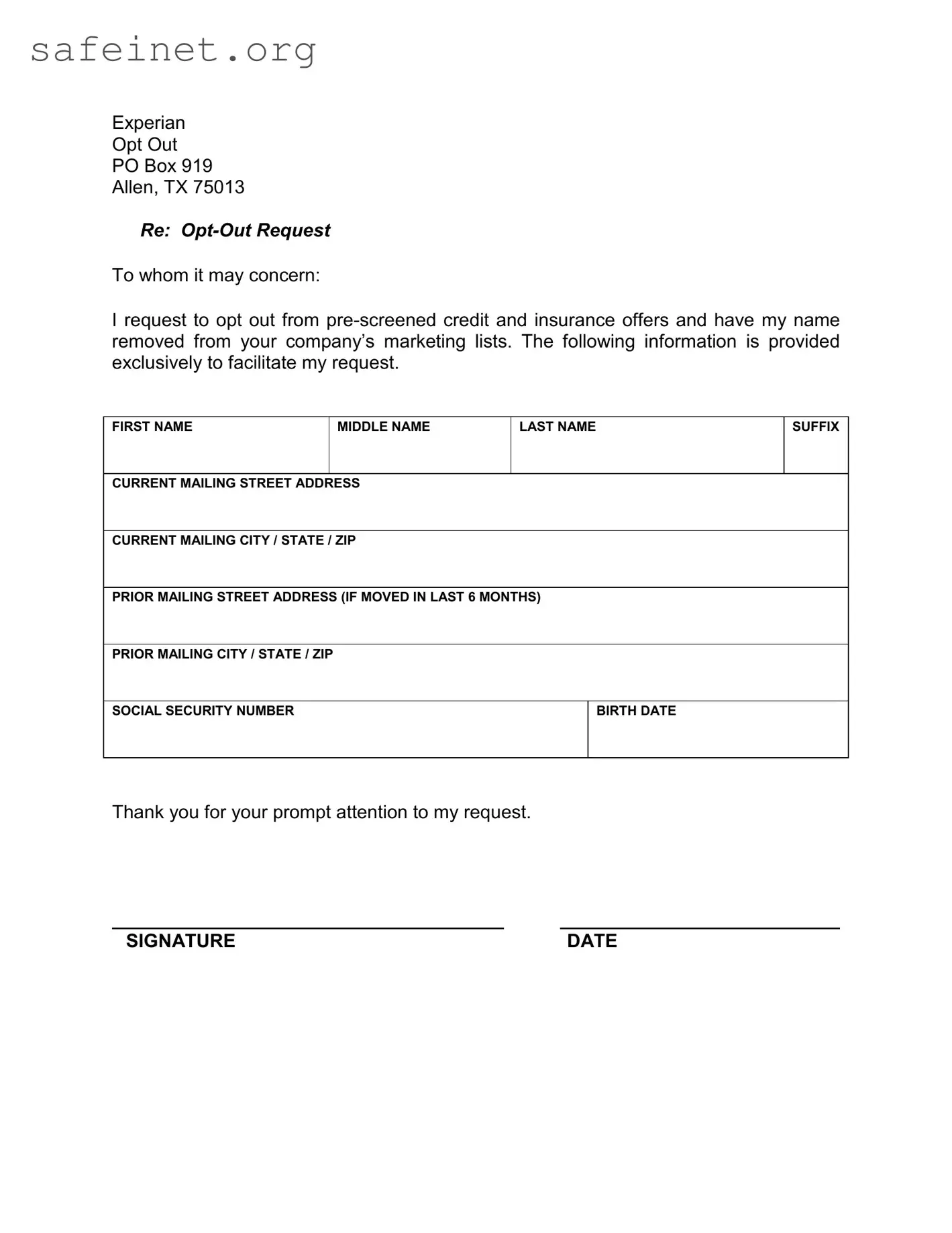 Blank Experian P Box 919 Allen Tx 75013 Template