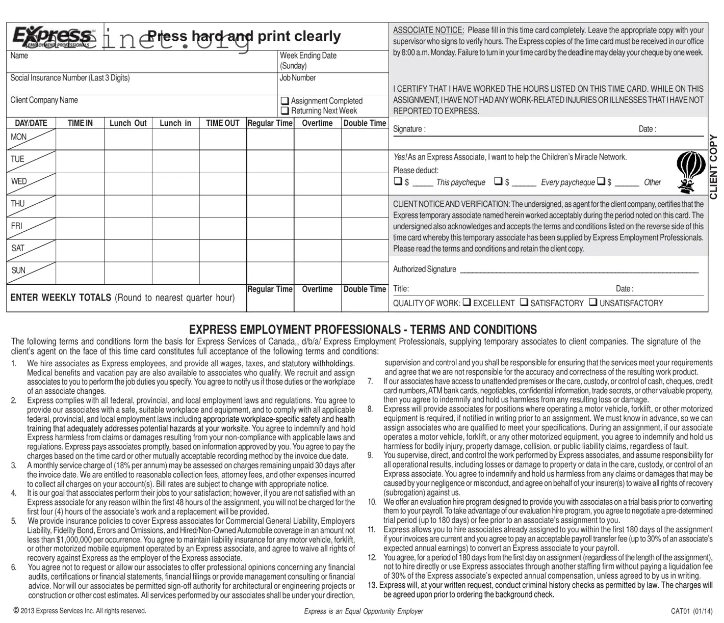 Blank Express Professionals Time Card Template