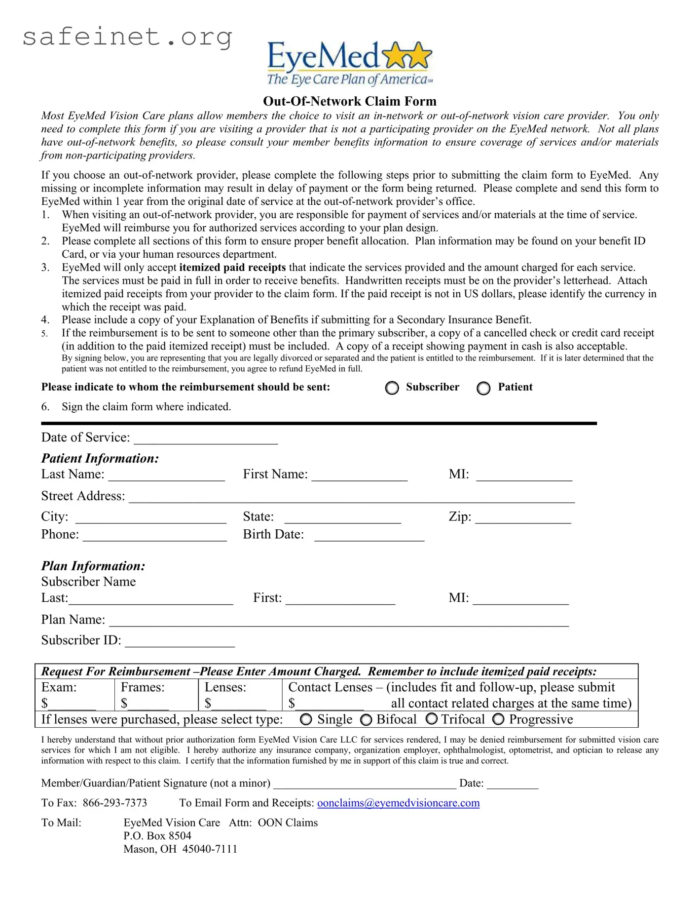 Blank Eyemed Claim Template
