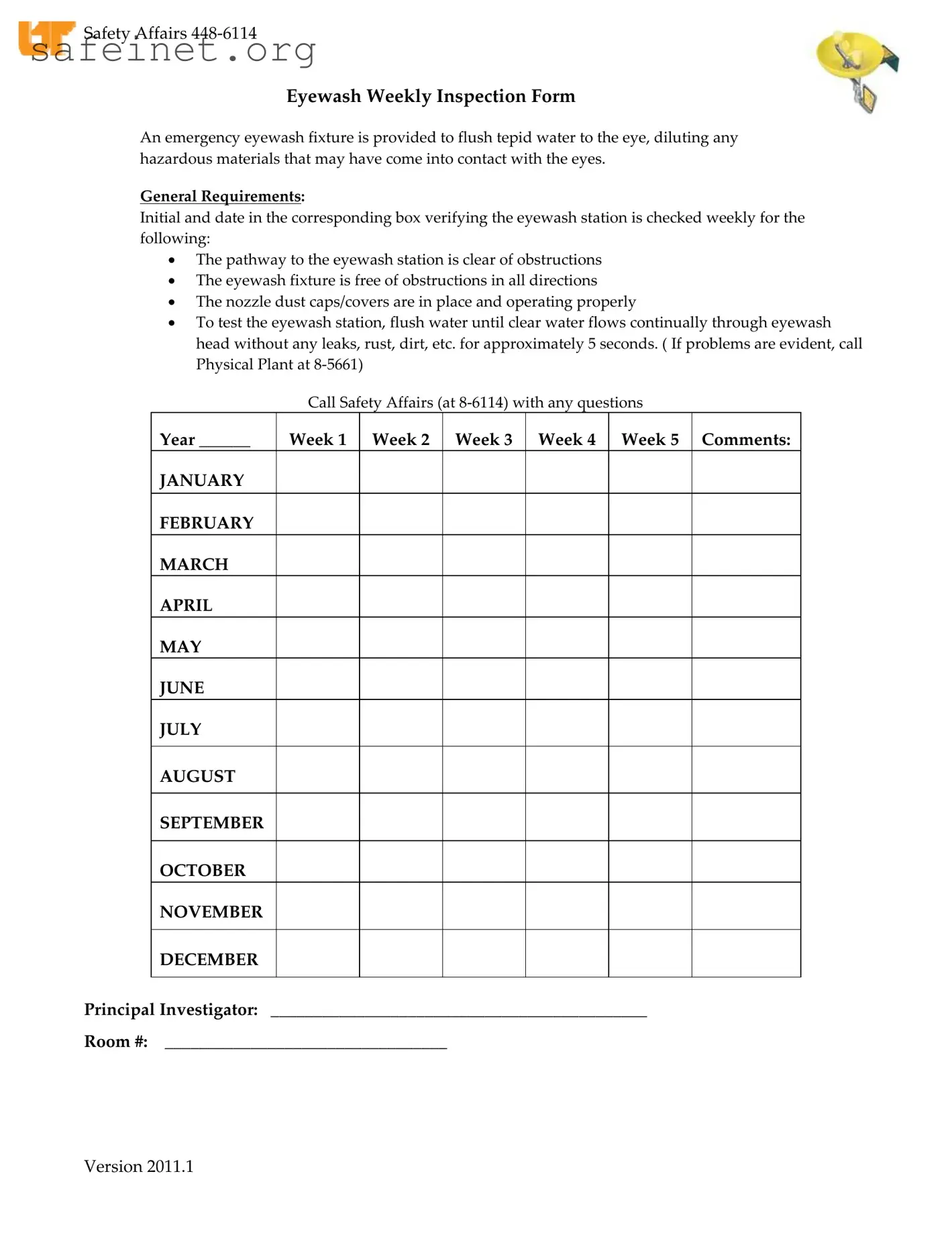 Blank Eyewash Station Log Sheet Template