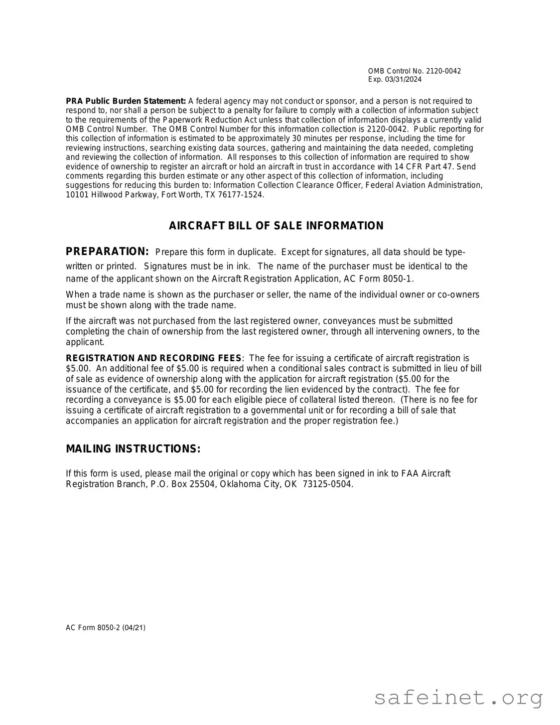 Blank Aircraft Bill of Sale AC 8050-2 Template
