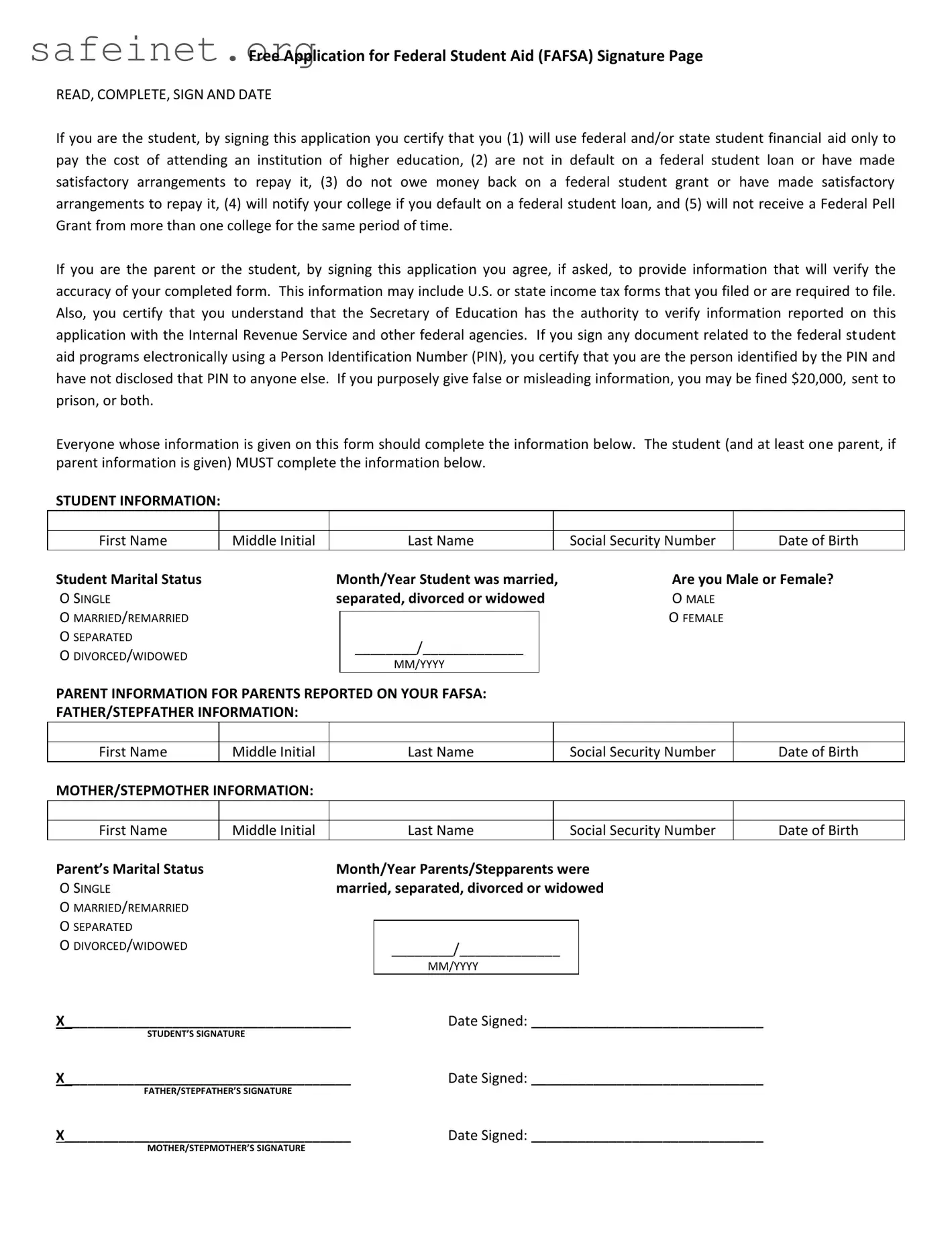 Blank Fafsa Signature Page Template