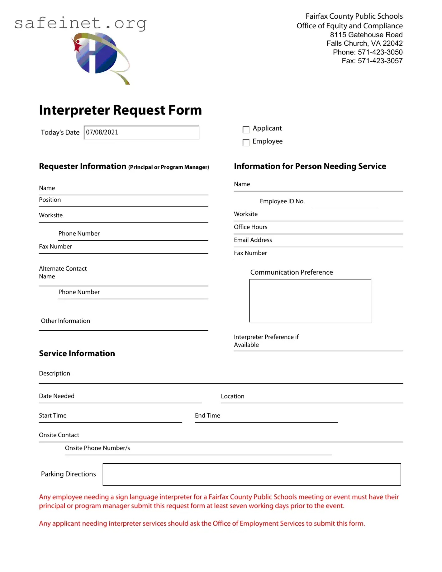 Blank Fairfax Interpreter Request Template