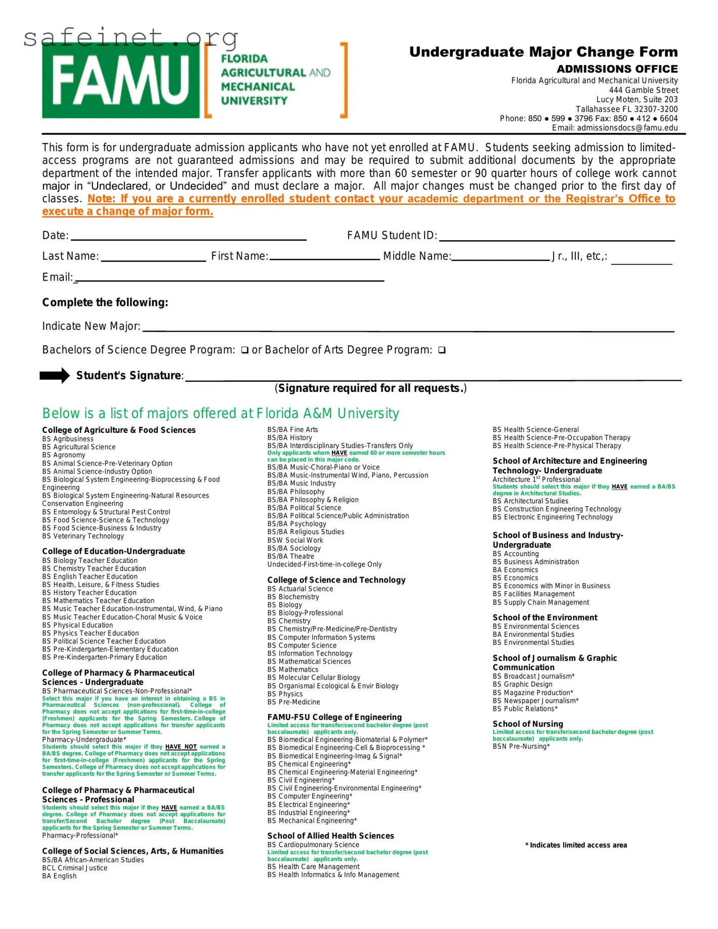 Blank Famu Major Change Template
