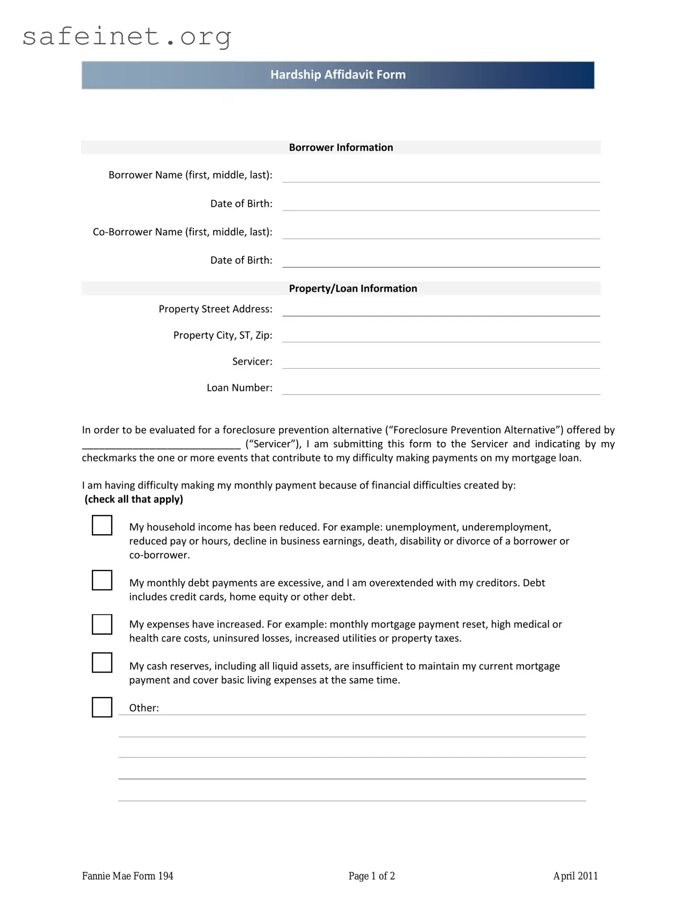Blank Fannie Mae 194 Template
