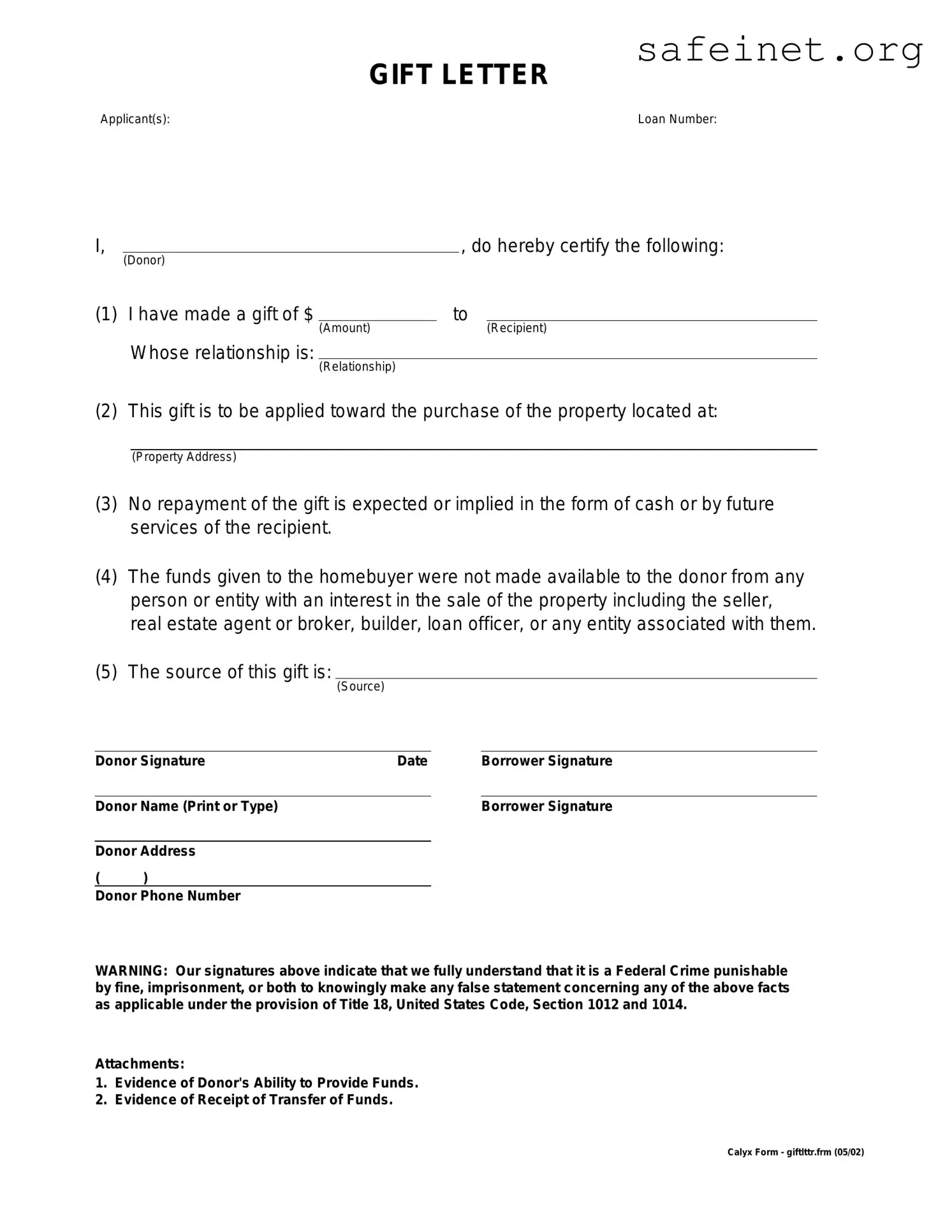 Blank Gift Letter Template