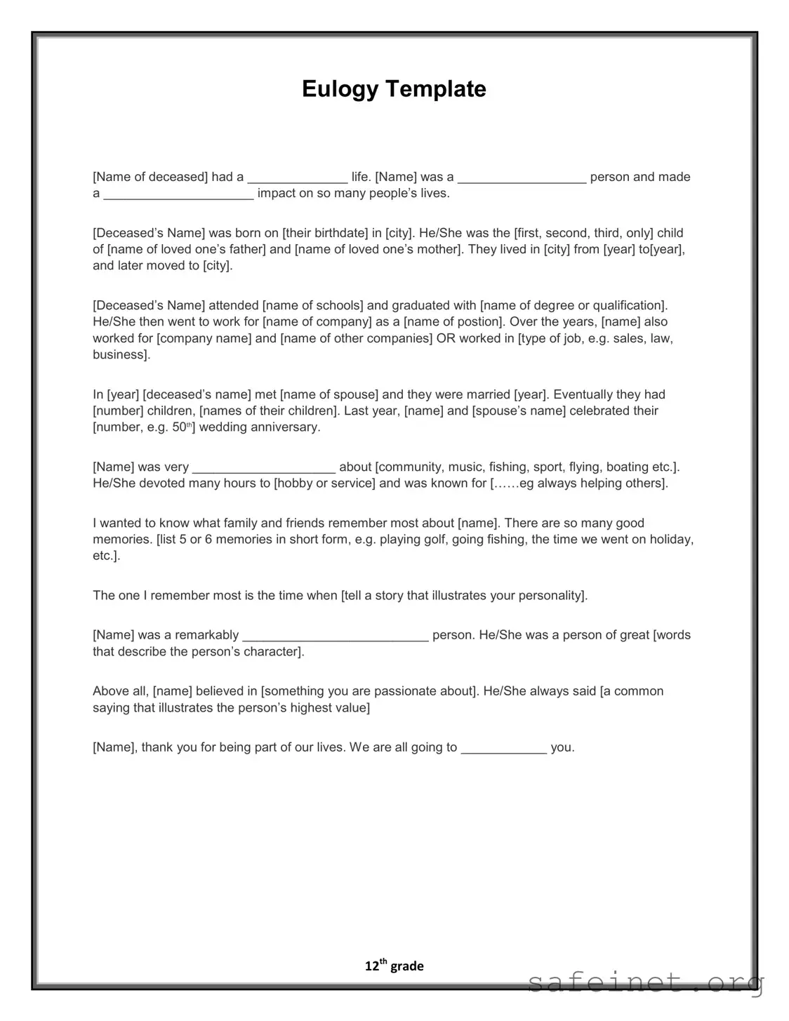 Blank Eulogy Template