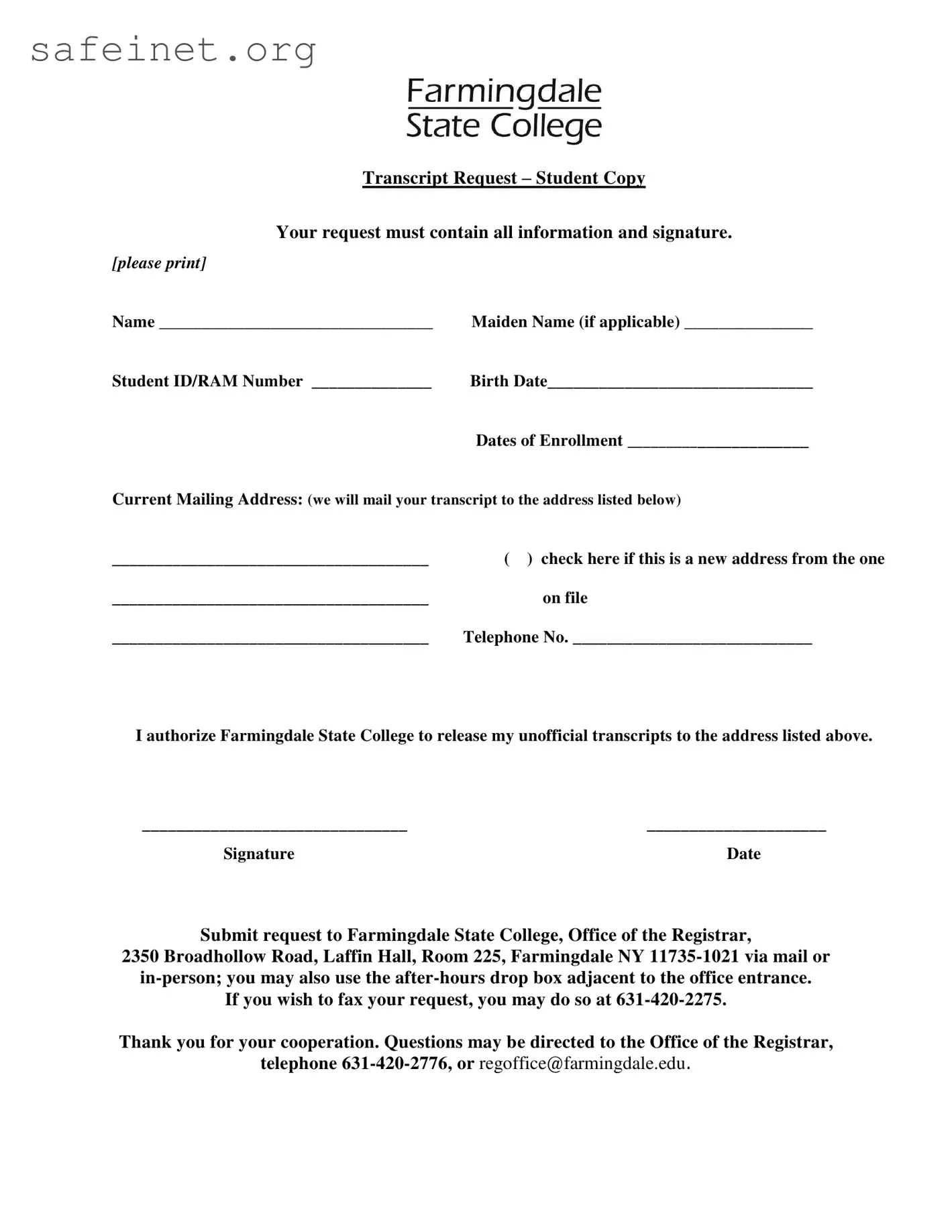 Blank Farmingdale Transcript Request Template