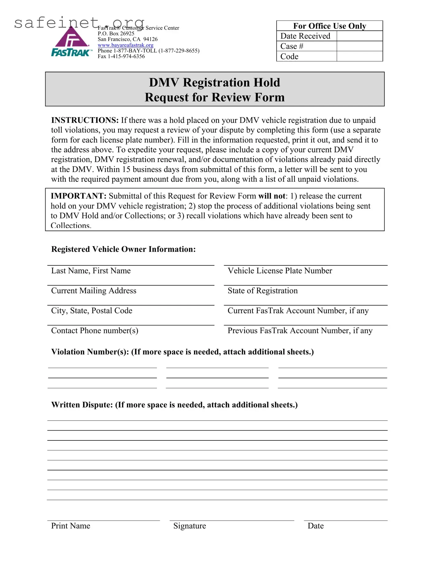 Blank Fastrak Dmv Registration Hold Template
