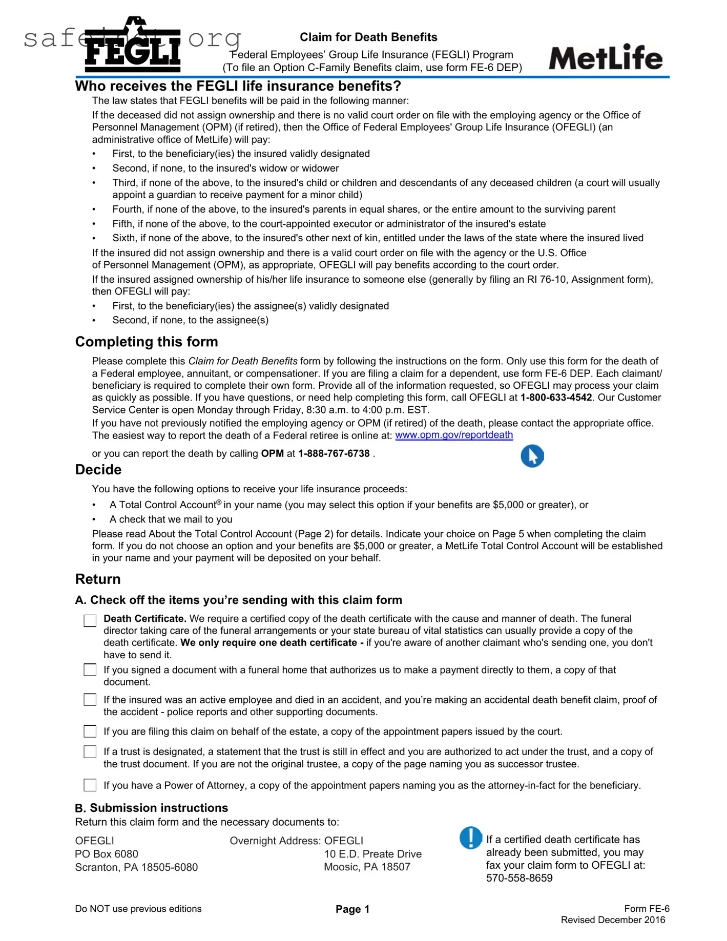 Blank Fe 6 Claim For Death Benefits Template