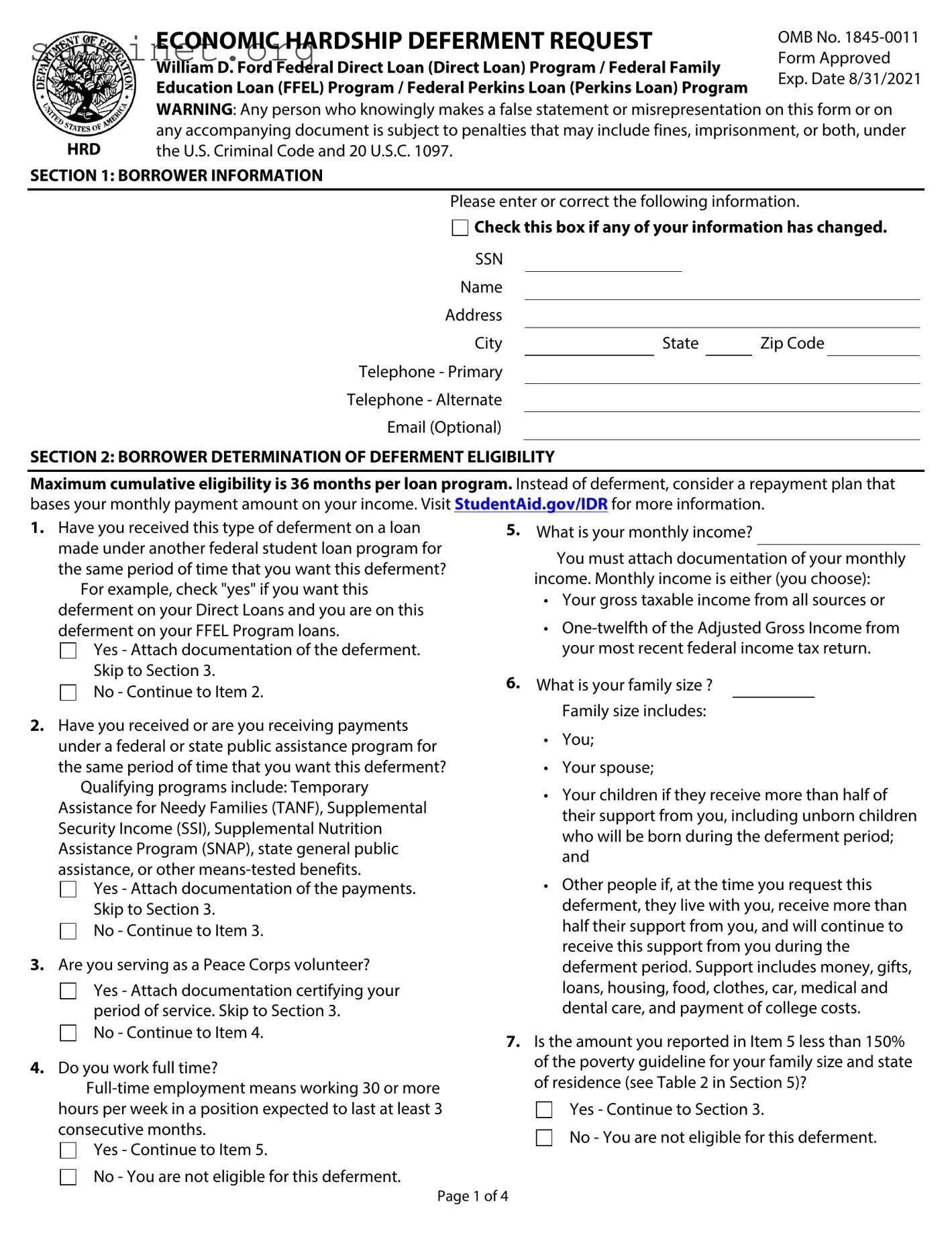 Blank Federal Loan Economic Hardship Request Template