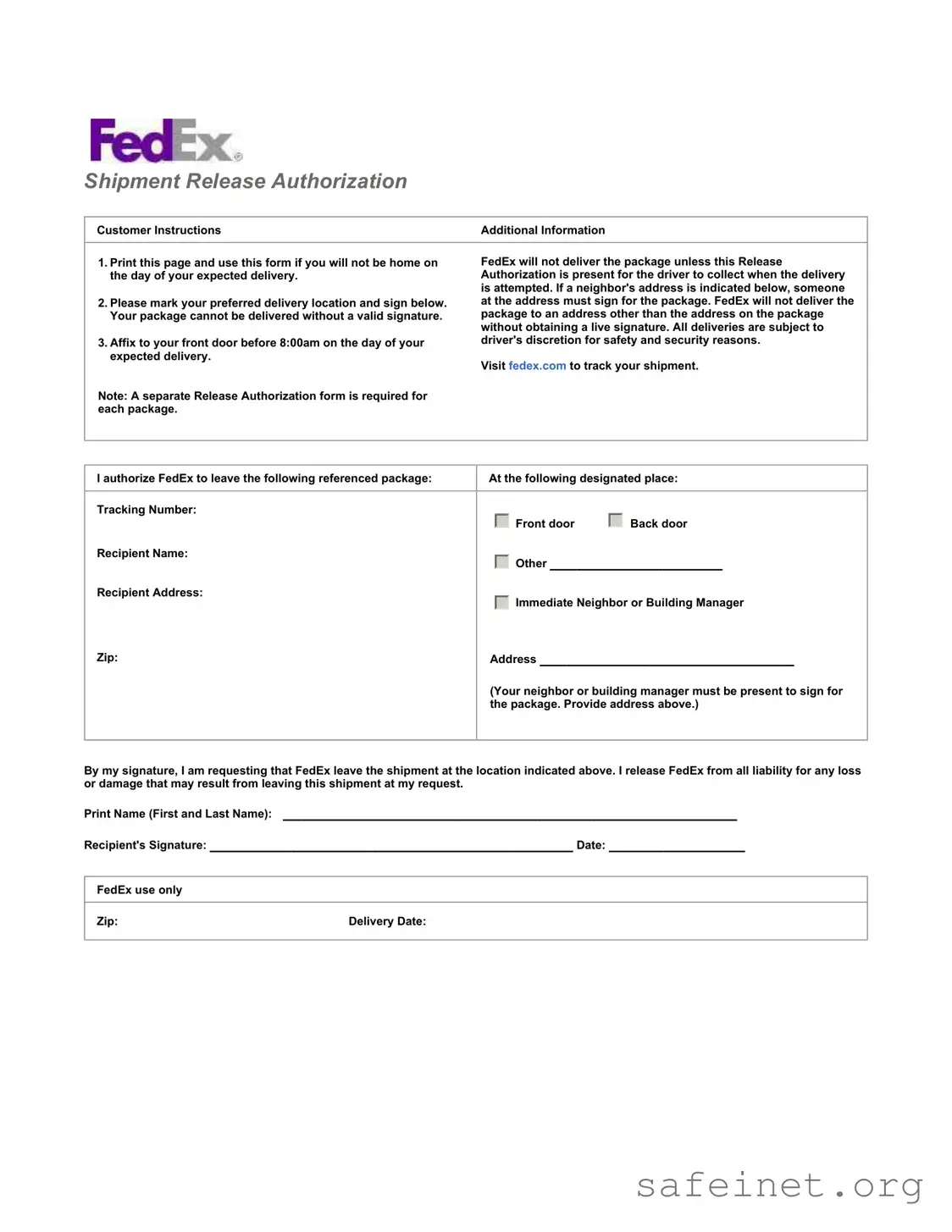 Blank Fedex Release Template