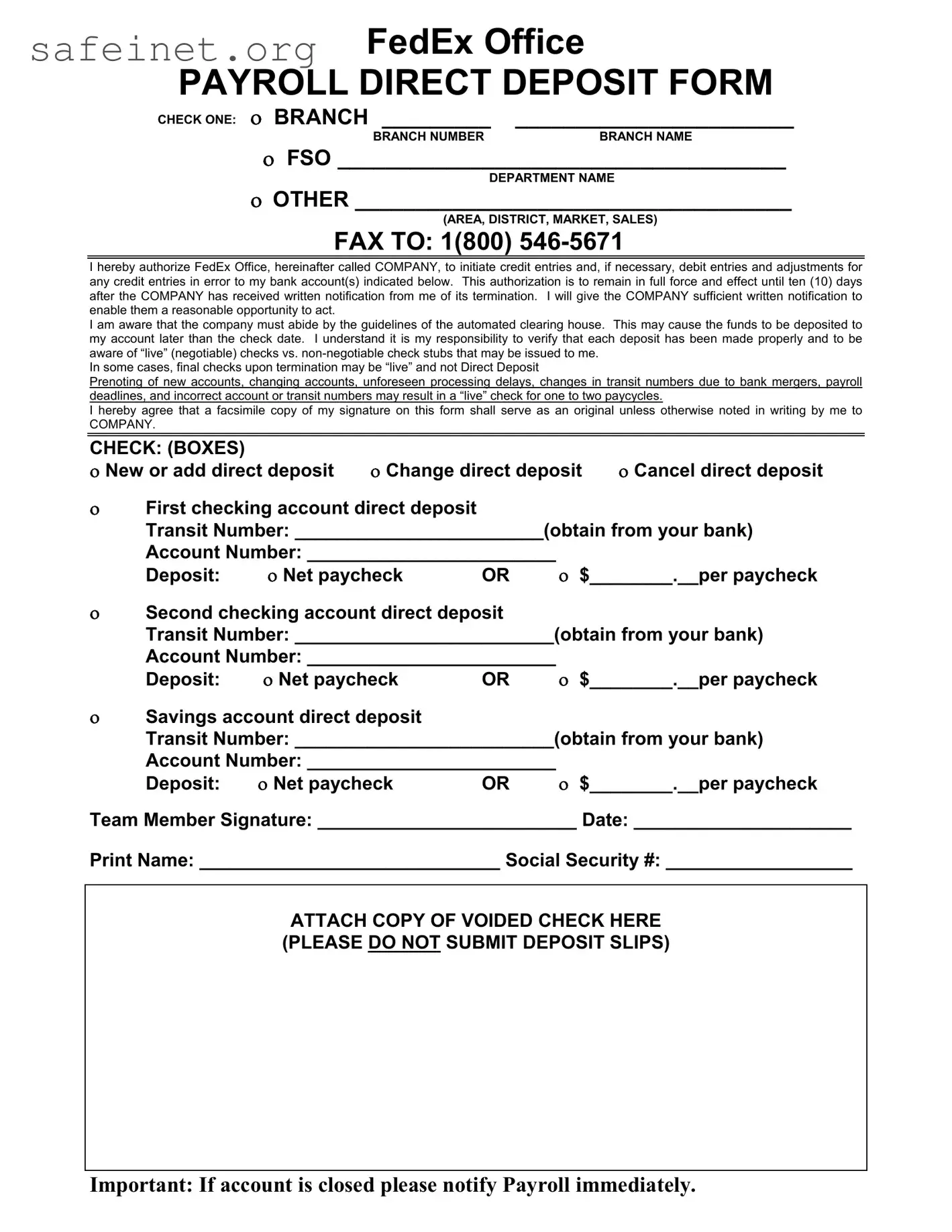 Blank Fedex Payroll Direct Deposit Template