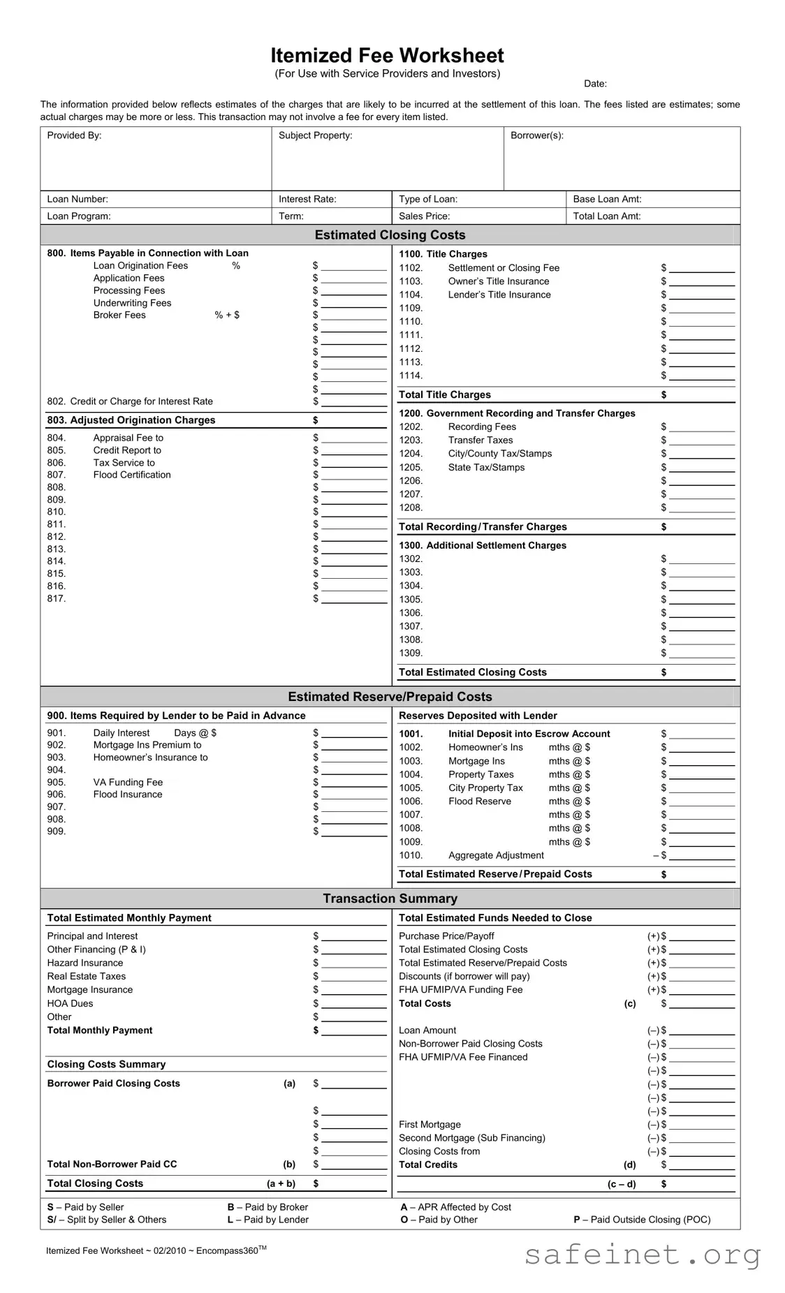 Blank Fee Worksheet Template