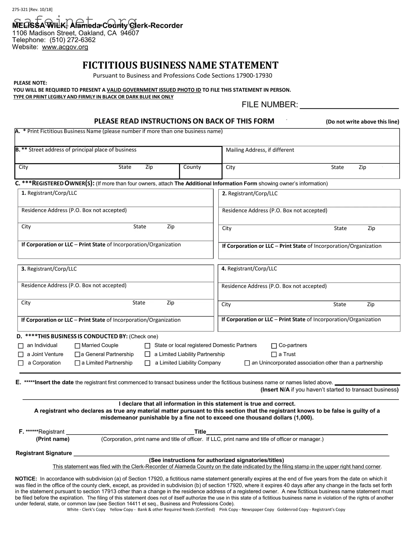 Blank Fictitious Business Statement Template