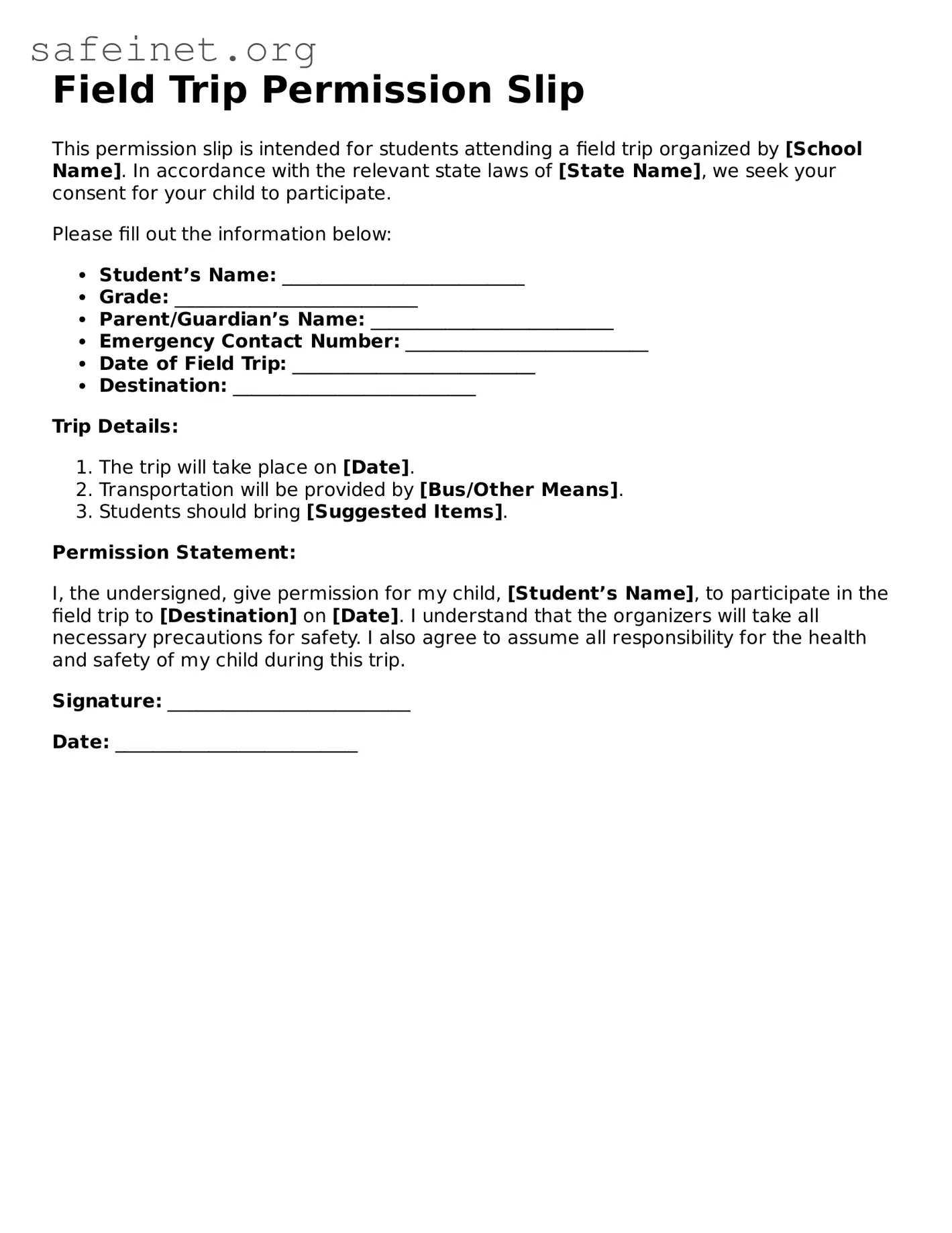 Official Field Trip Permission Slip Document