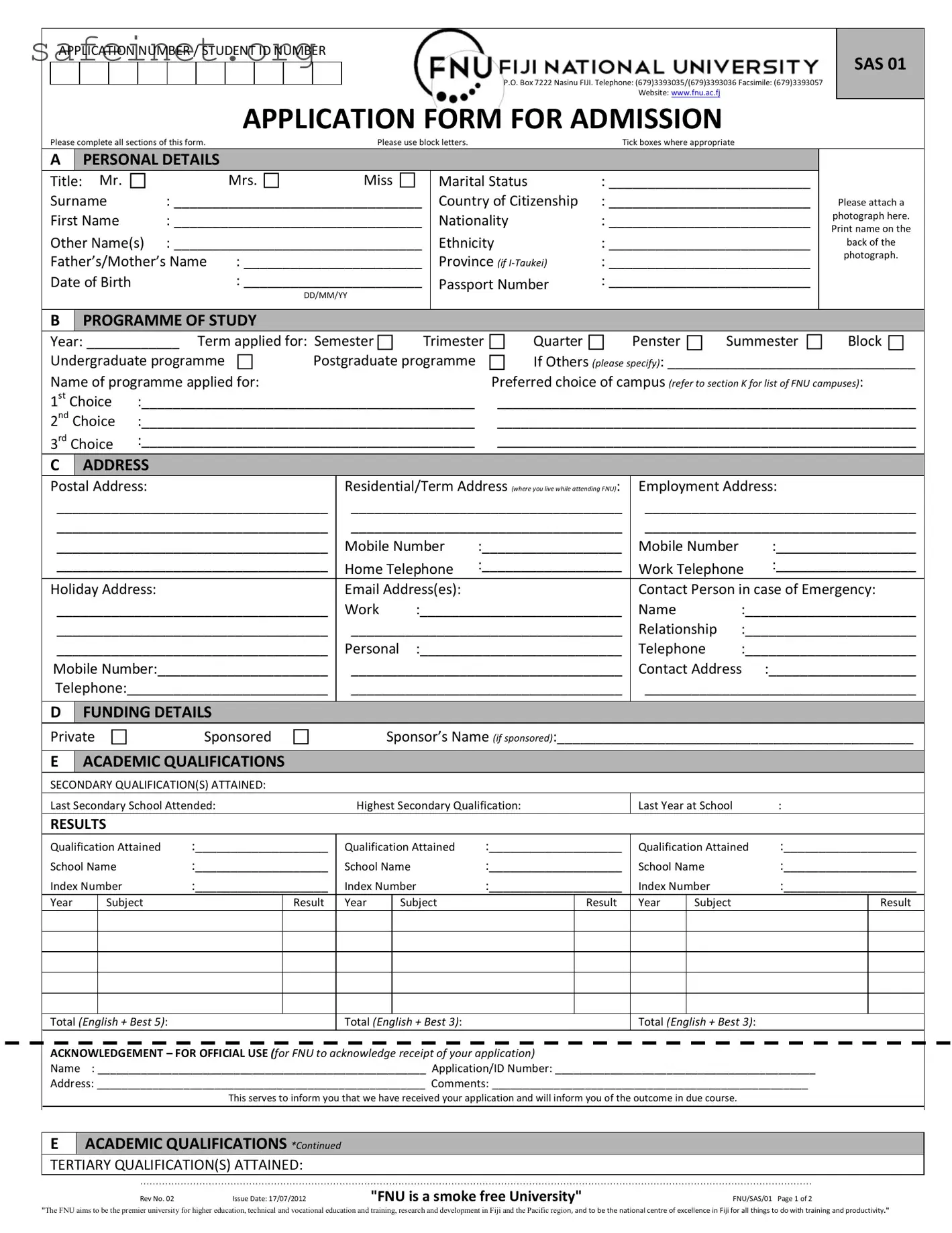 Blank Fiji National University Application Template
