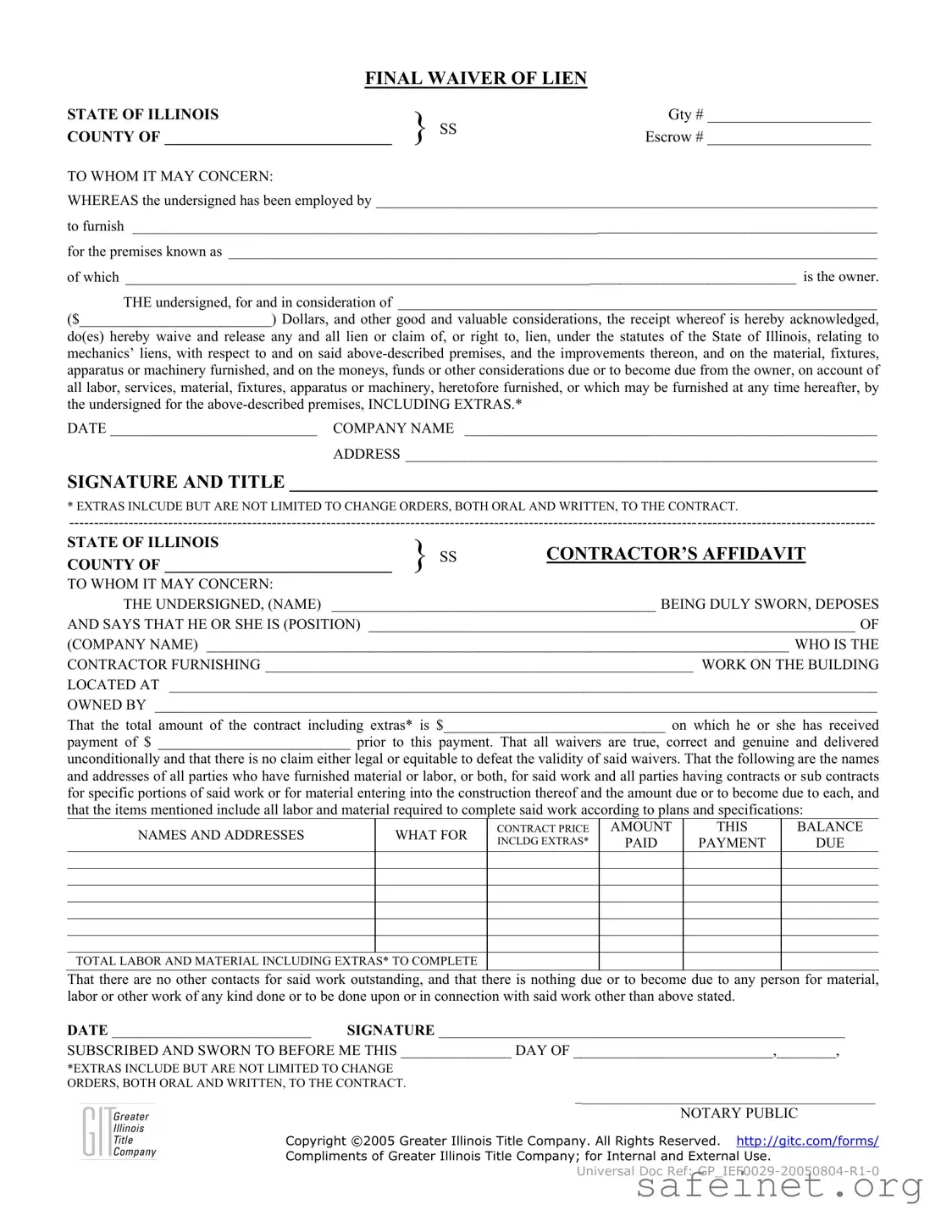 Blank Illinois Final Waiver Of Lien Template