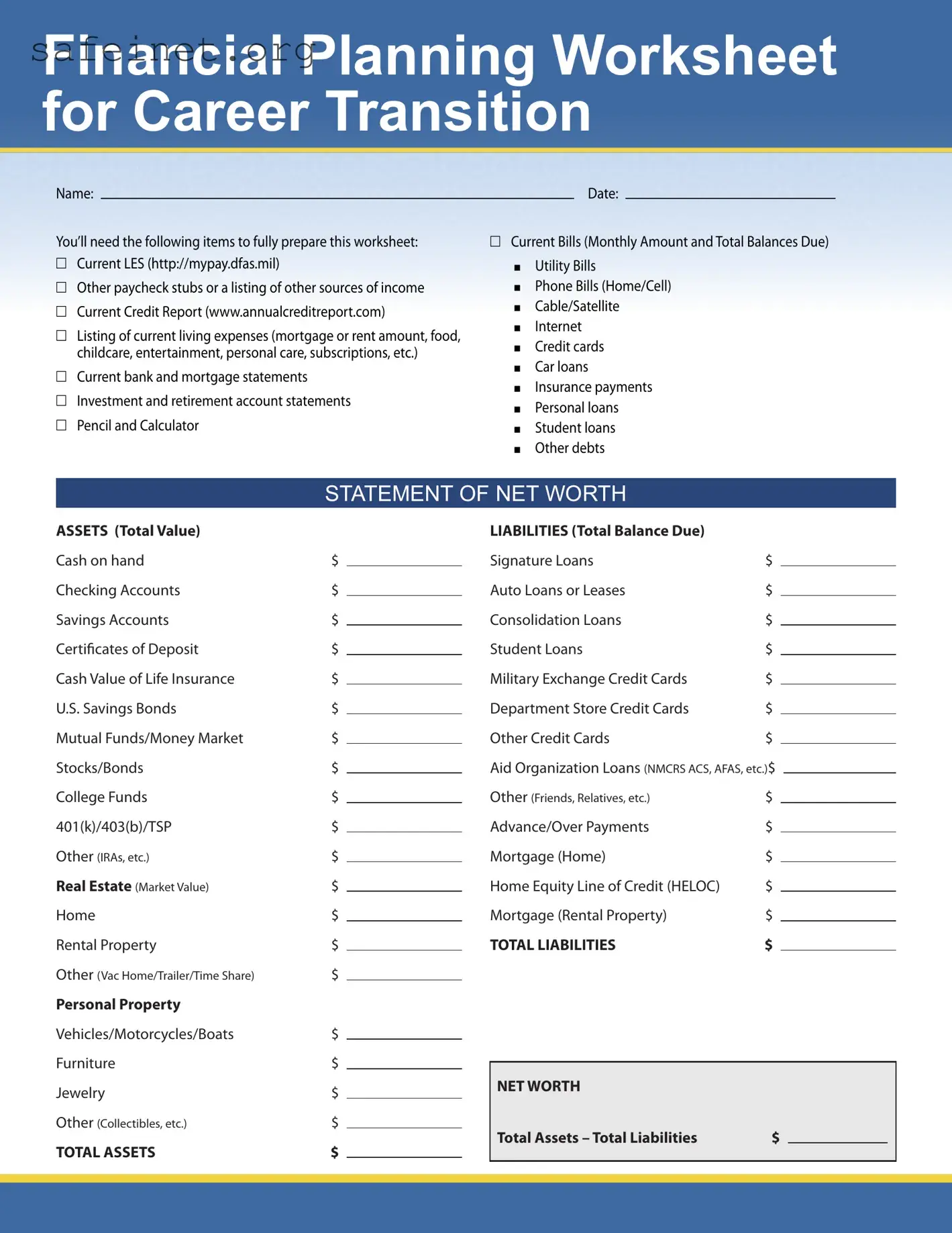 Blank Financial Planning Worksheet For Career Template