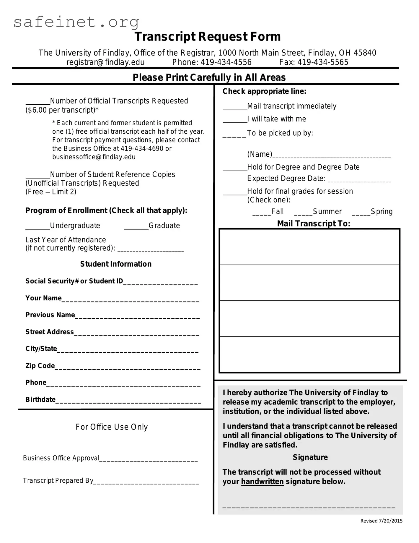 Blank Findlay Transcript Request Template
