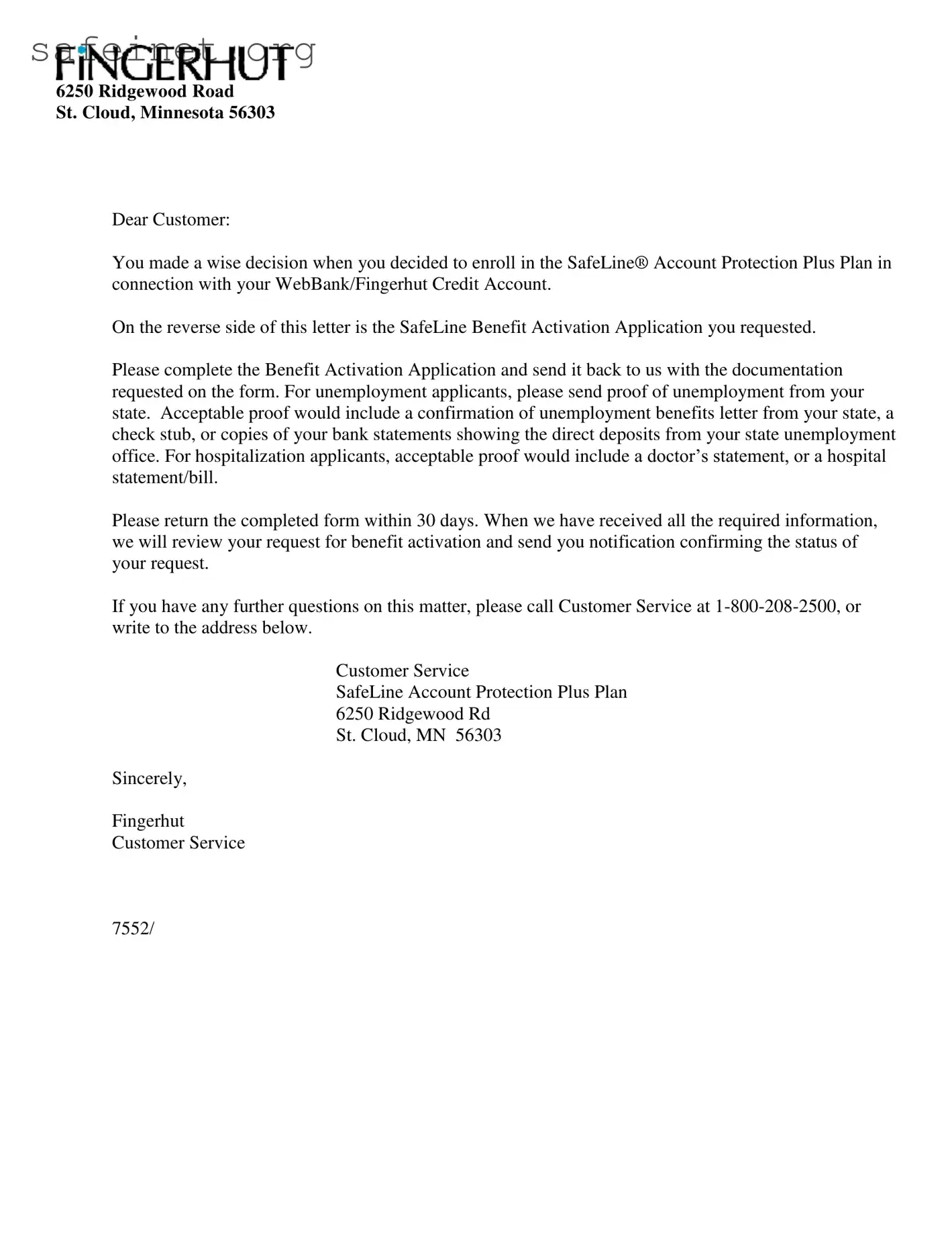 Blank Fingerhut Safeline Template