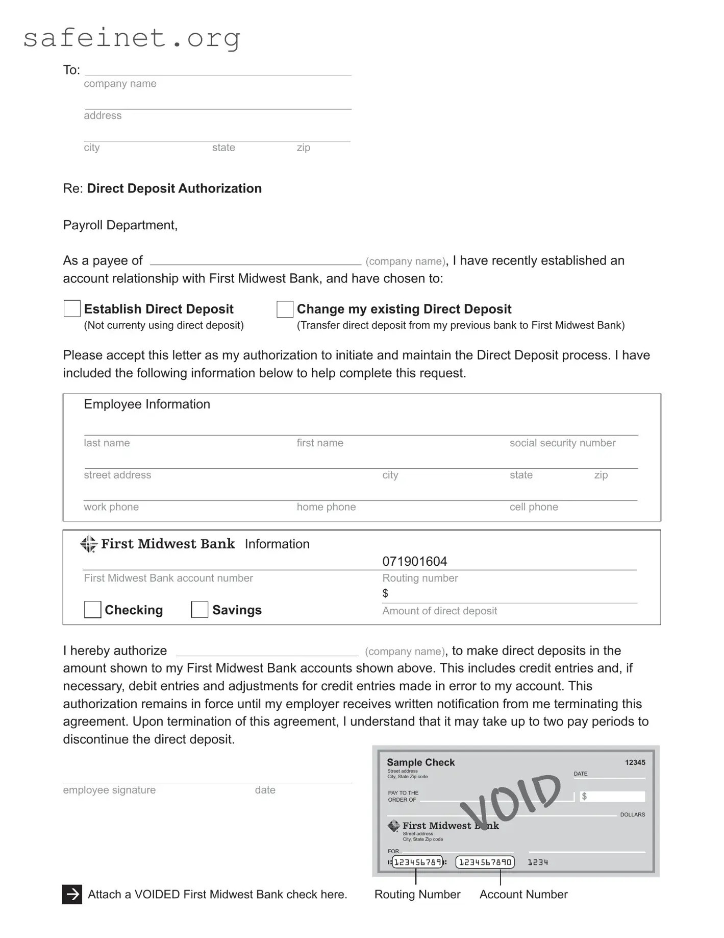Blank First Midwest Bank Direct Deposit Template