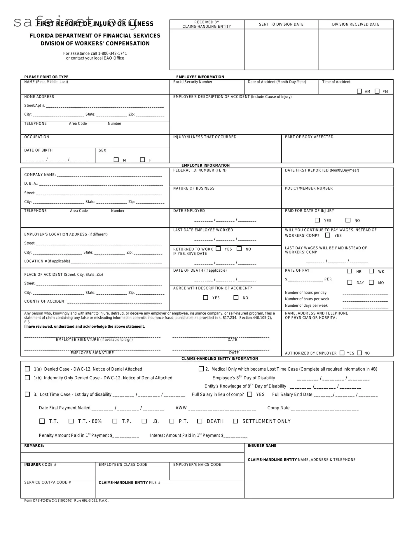 Blank First Report Of Injury Florida Template