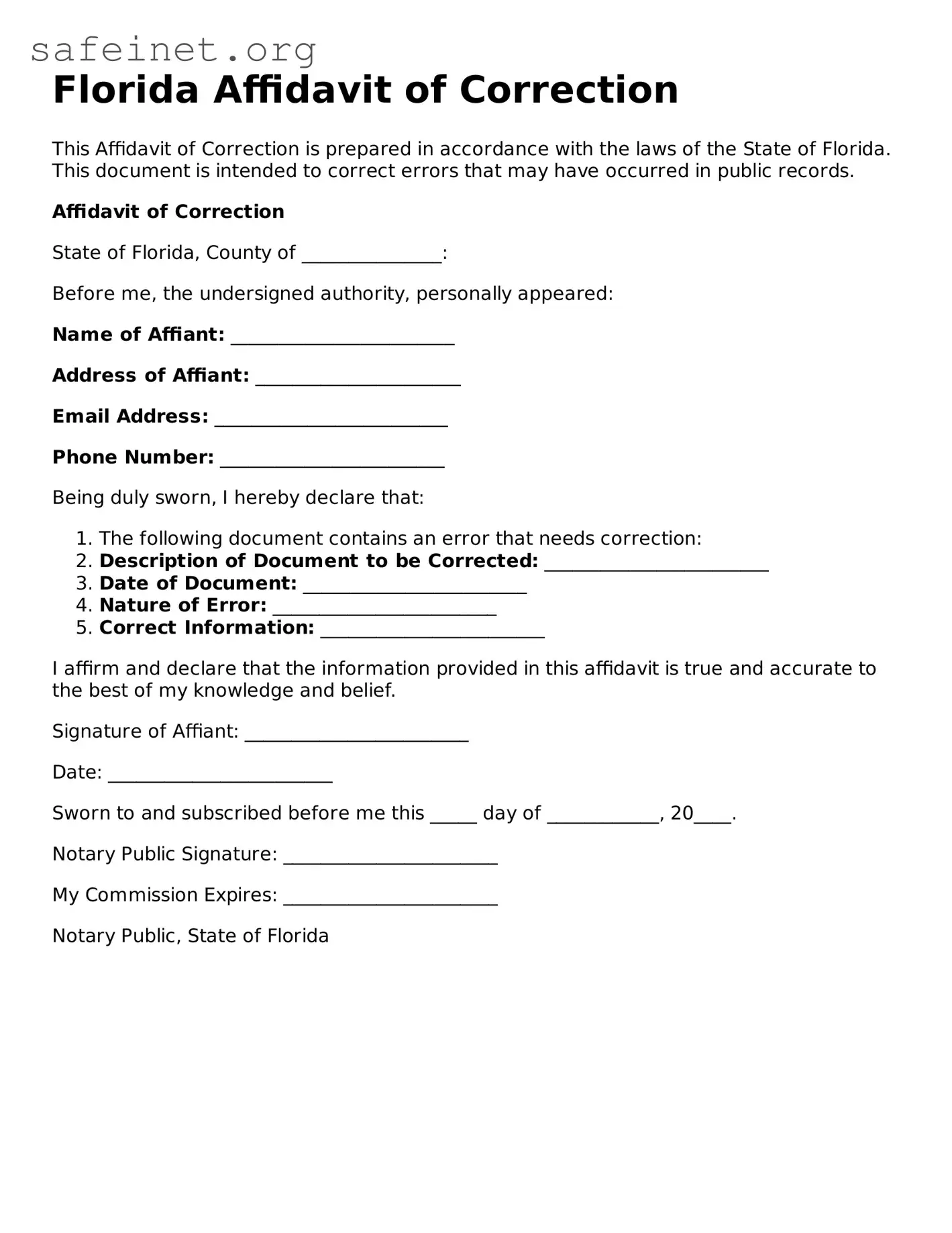 Valid Affidavit of Correction Template for the State of Florida