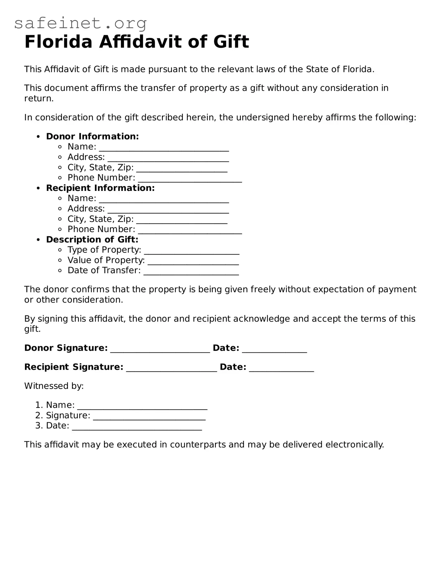 Valid Affidavit of Gift Template for the State of Florida