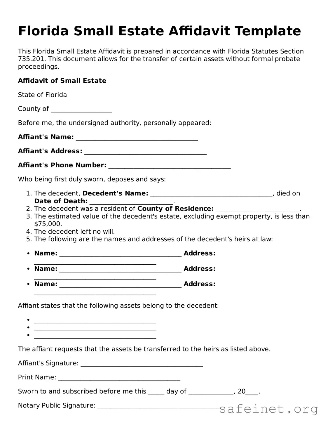 Valid Small Estate Affidavit Template for the State of Florida