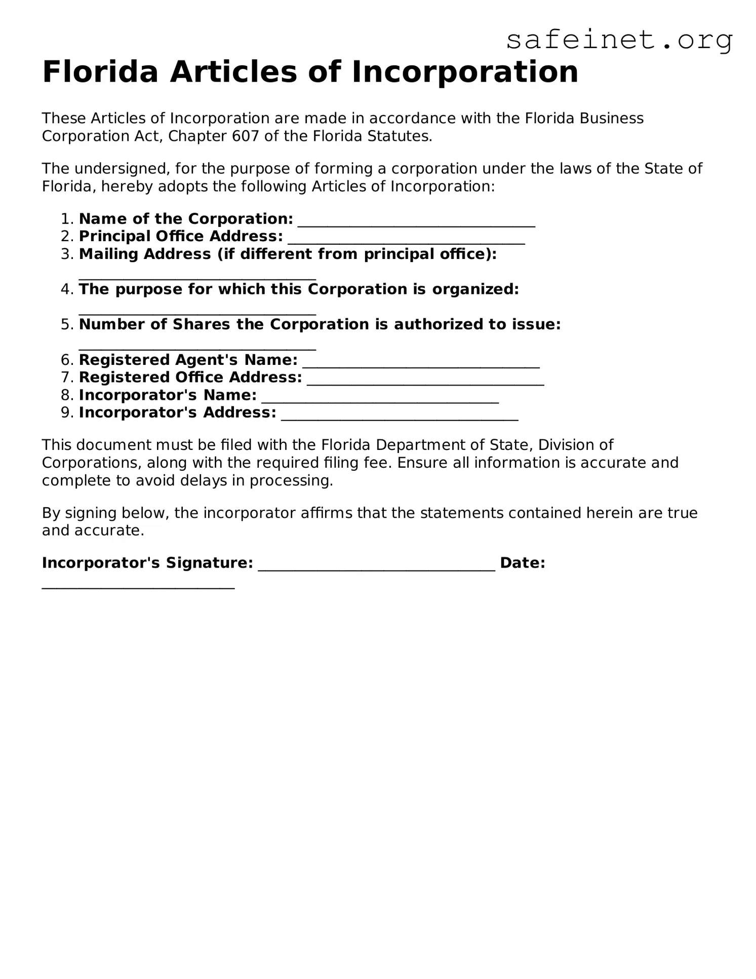 Valid Articles of Incorporation Template for the State of Florida