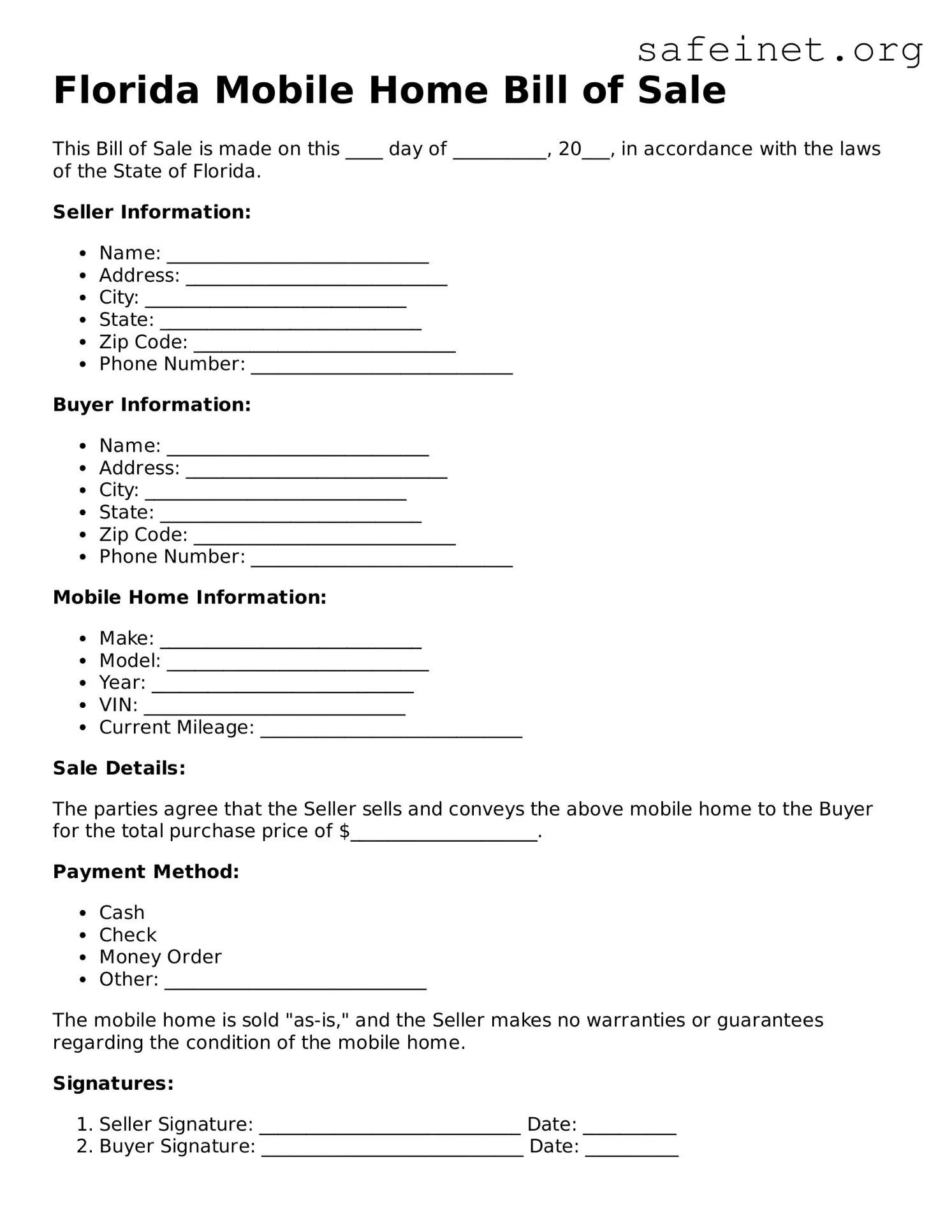 Valid Mobile Home Bill of Sale Template for the State of Florida