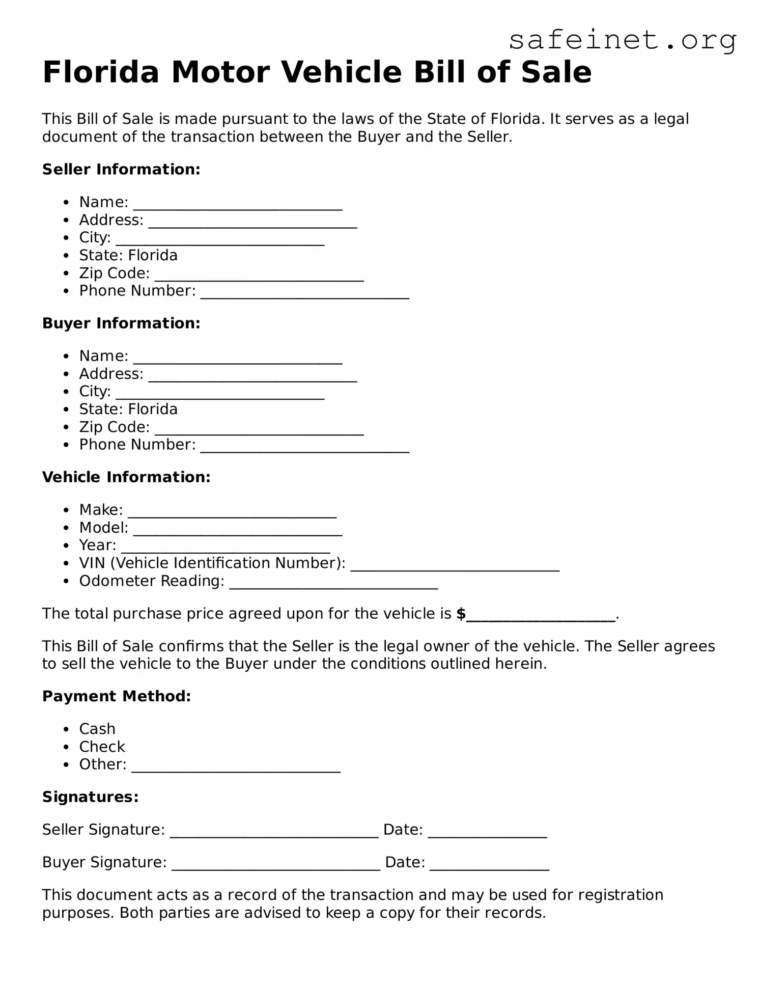 Valid Motor Vehicle Bill of Sale Template for the State of Florida