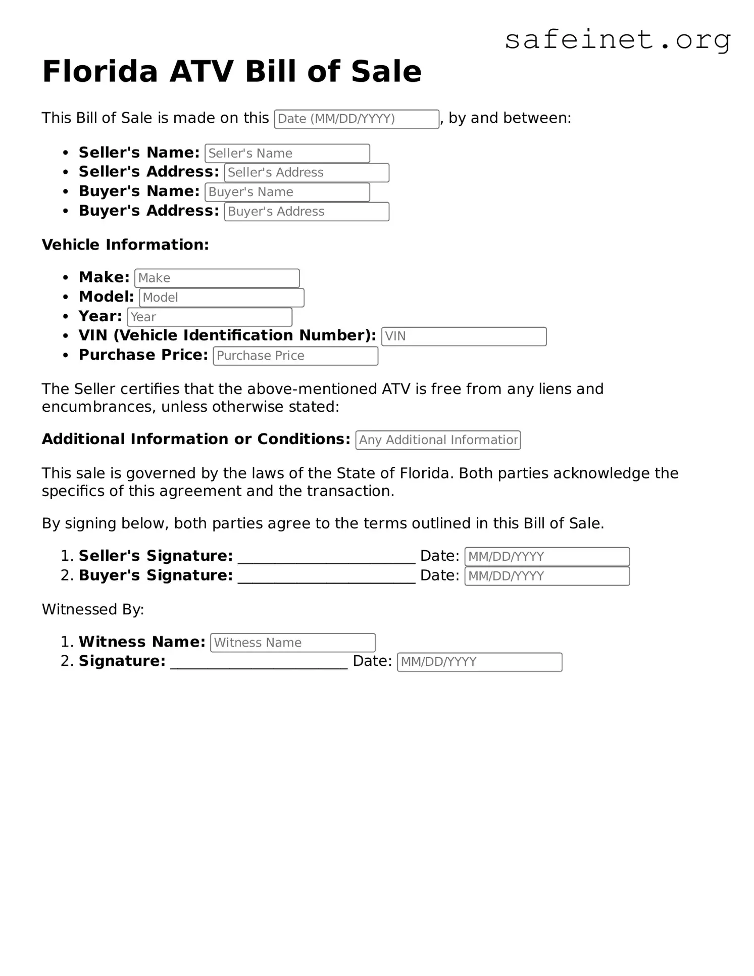 Valid ATV Bill of Sale Template for the State of Florida