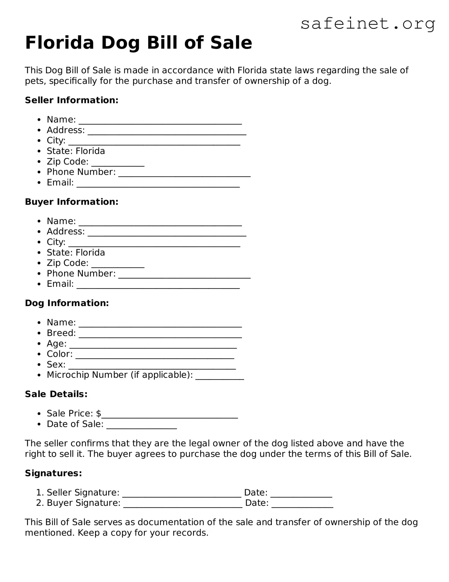 Valid Dog Bill of Sale Template for the State of Florida