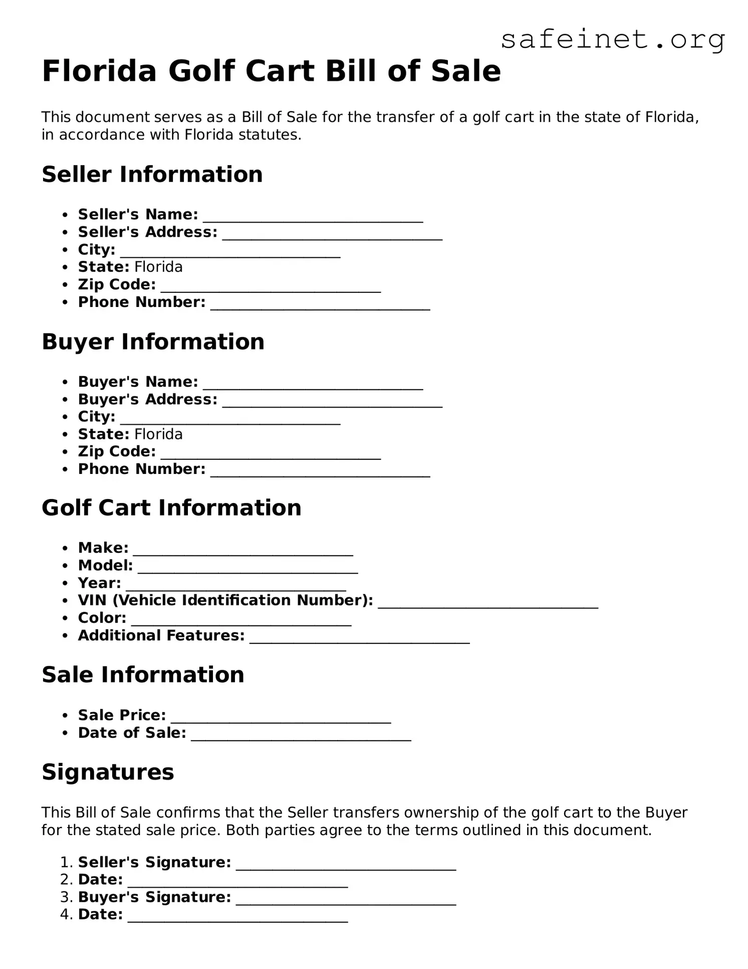 Valid Golf Cart Bill of Sale Template for the State of Florida