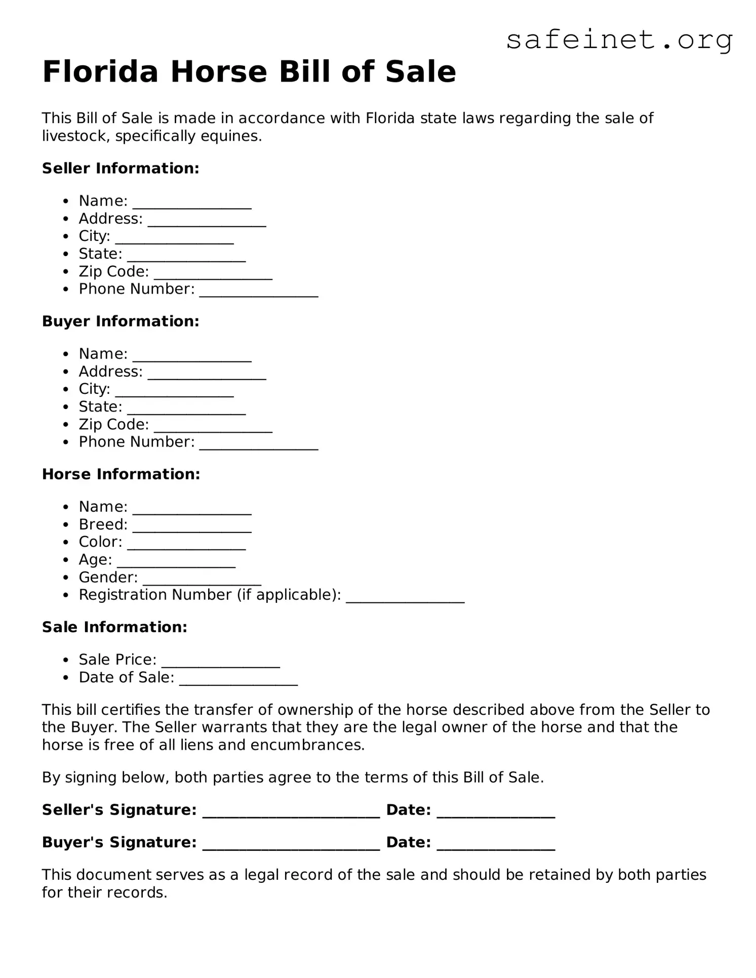 Valid Horse Bill of Sale Template for the State of Florida