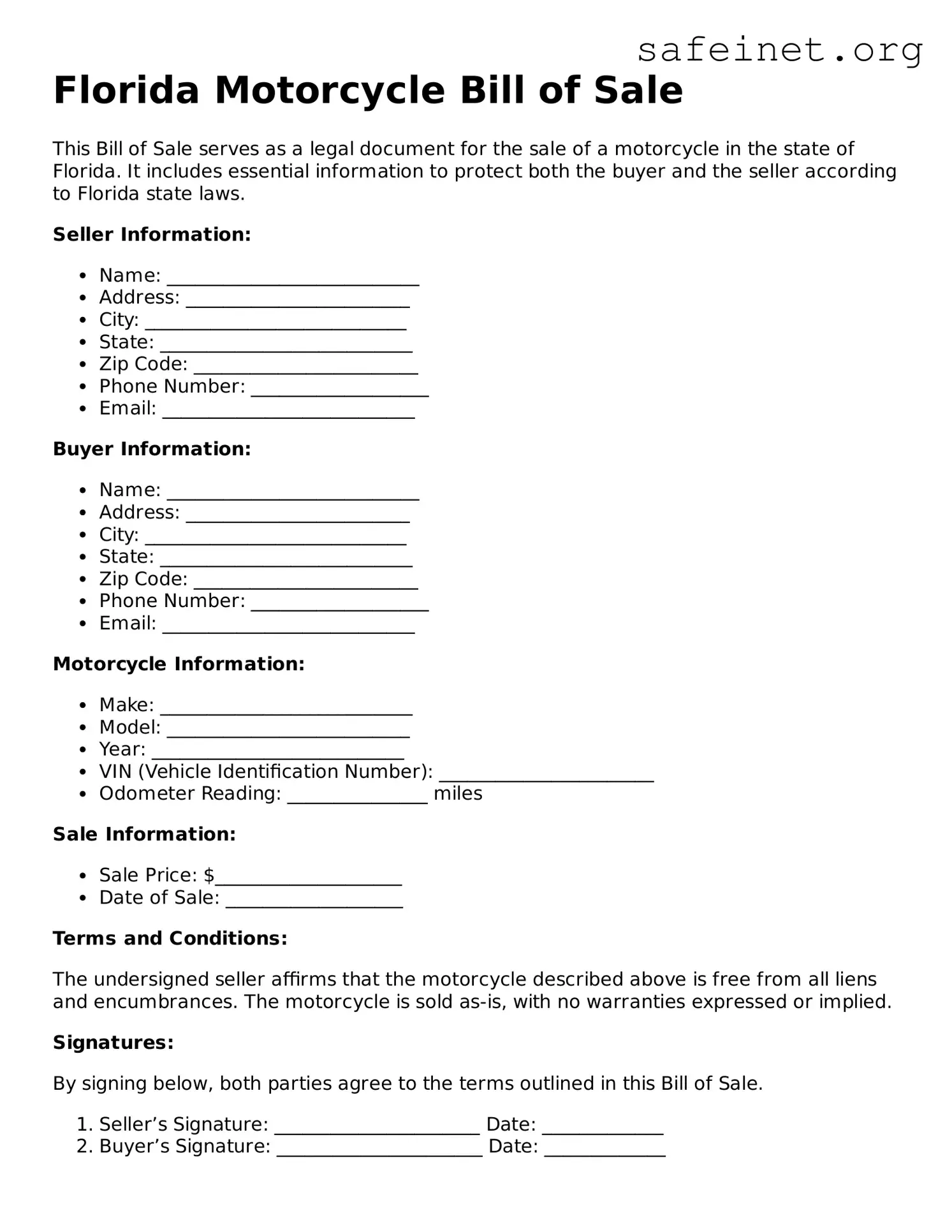 Valid Motorcycle Bill of Sale Template for the State of Florida