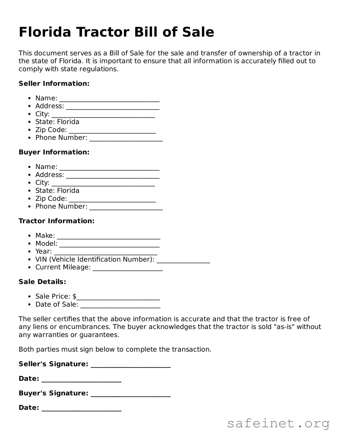 Valid Tractor Bill of Sale Template for the State of Florida