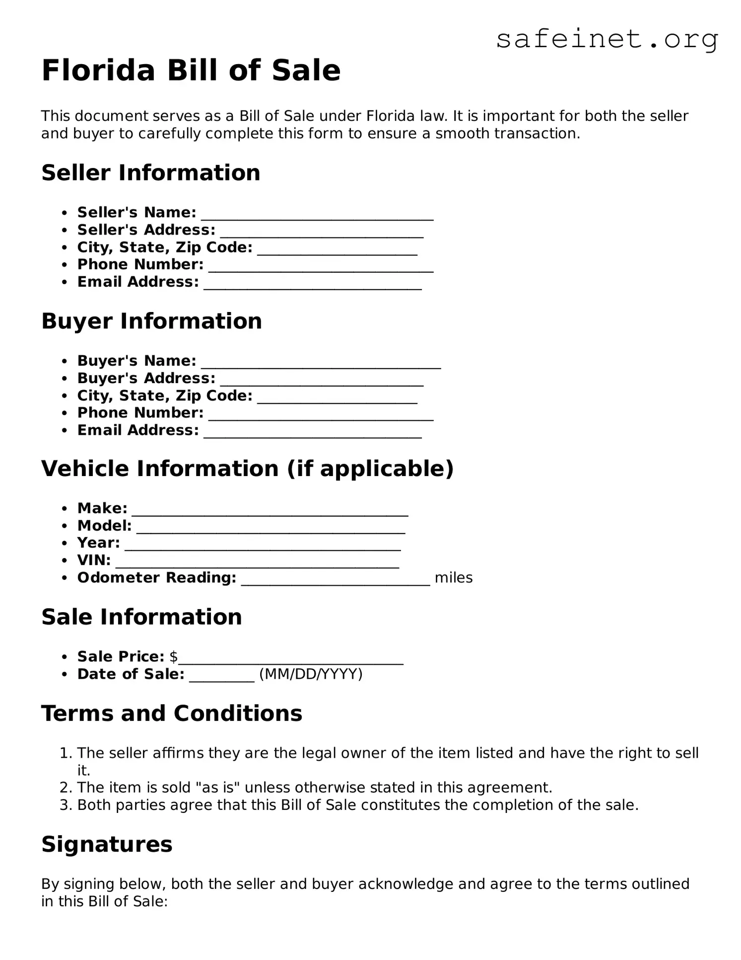 Valid Bill of Sale Template for the State of Florida