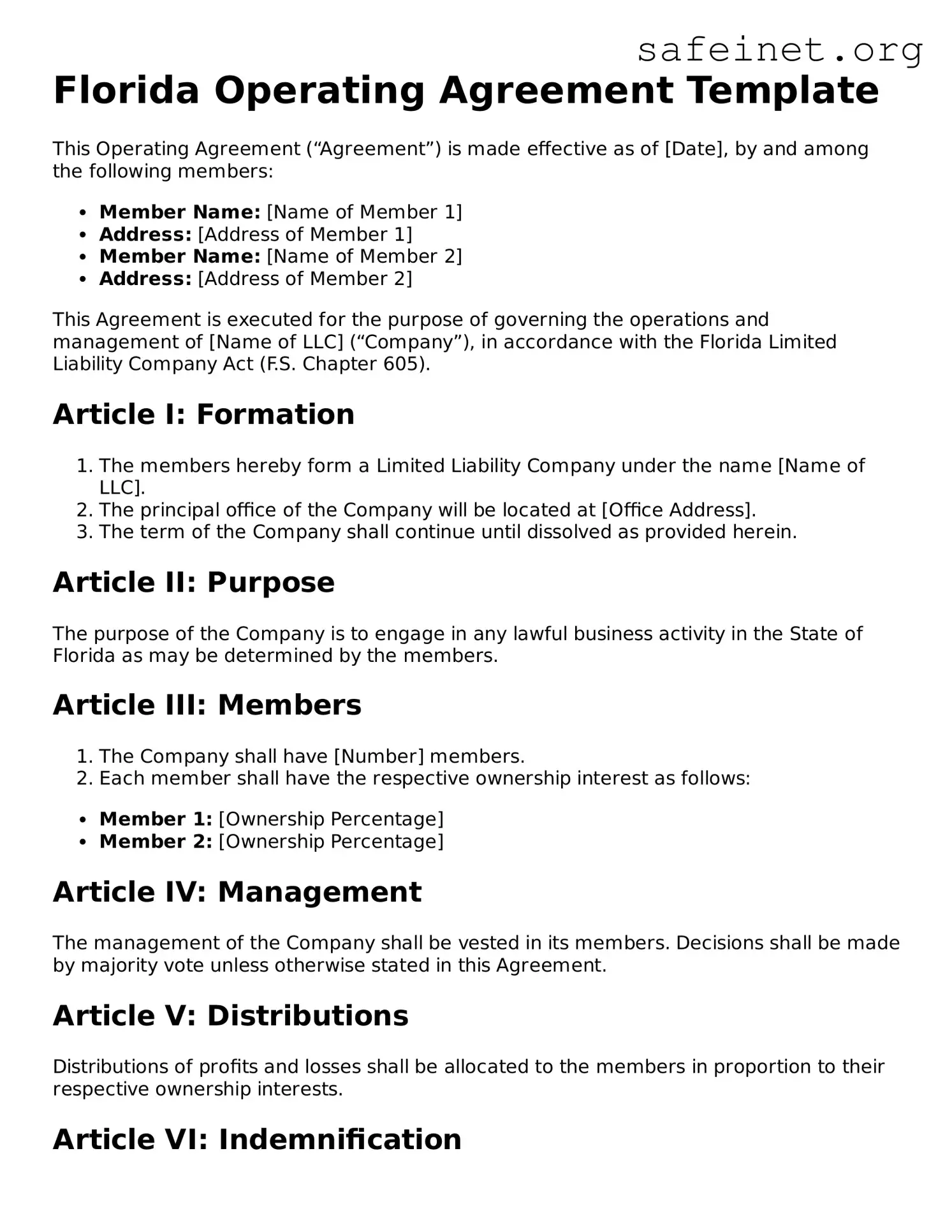 Valid Operating Agreement Template for the State of Florida